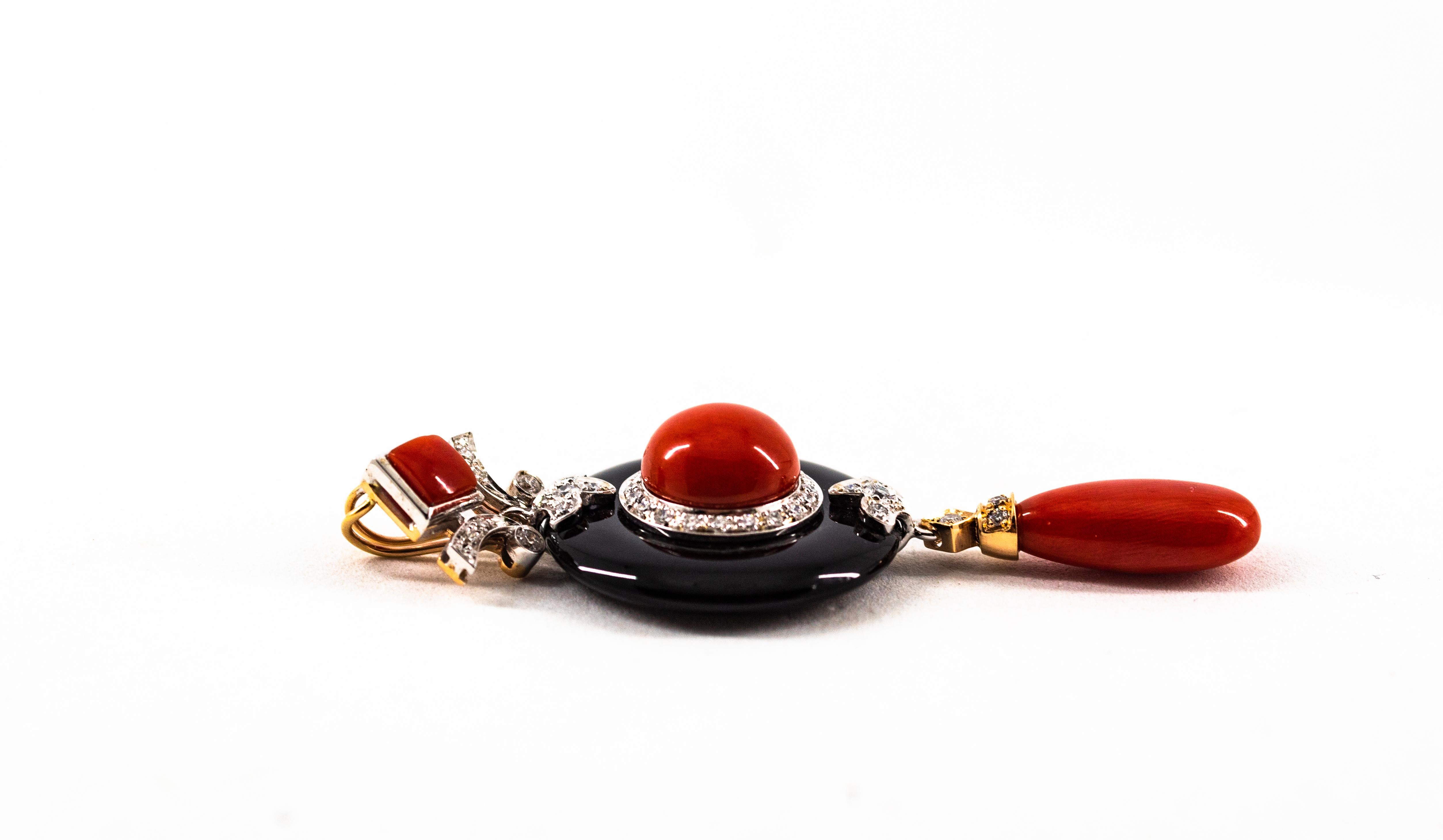 Art Deco Style Red Coral White Diamond Onyx White Gold Pendant Necklace For Sale 5