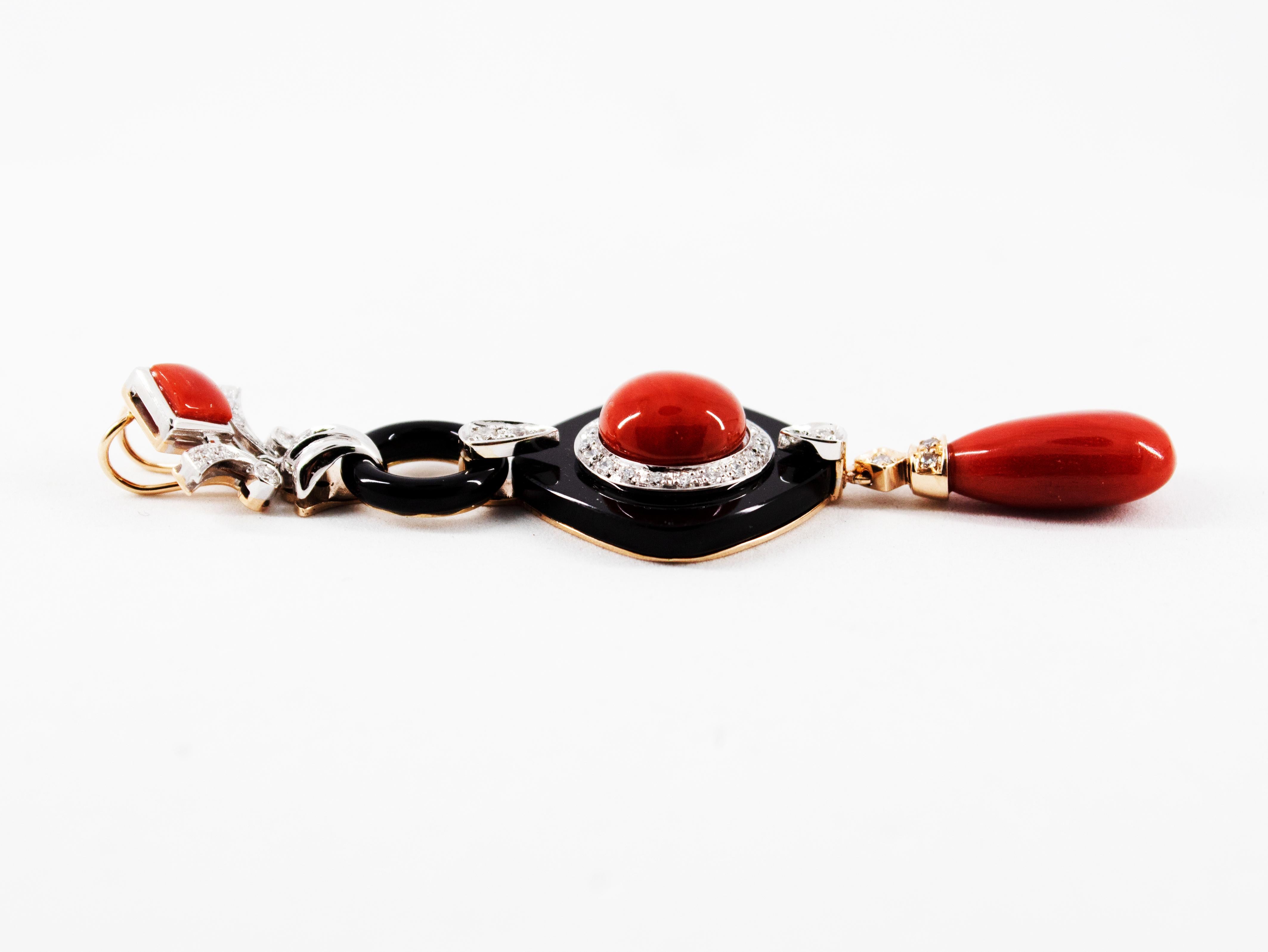 Art Deco Style Red Coral White Diamond Onyx White Gold Pendant Necklace For Sale 7