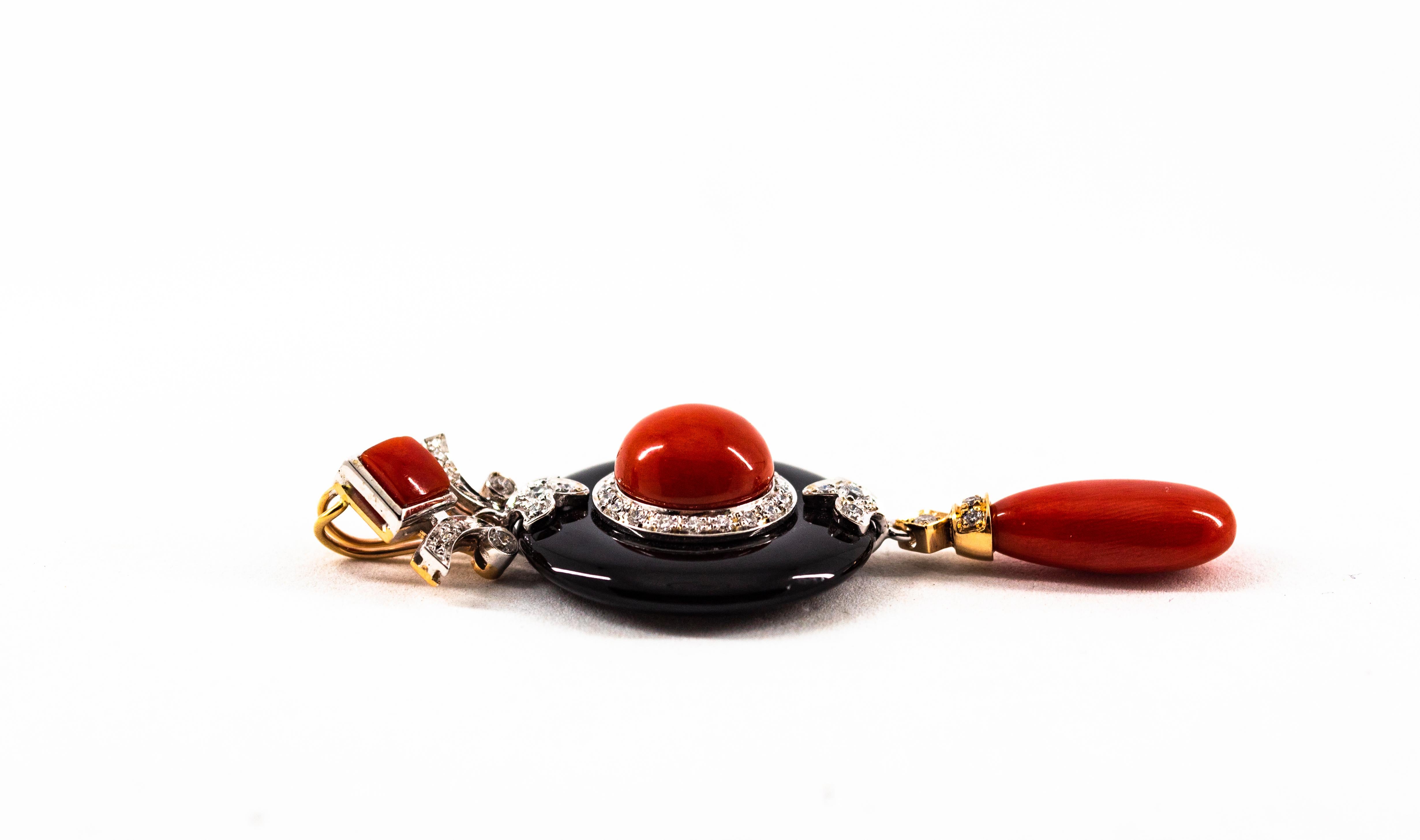 Art Deco Style Red Coral White Diamond Onyx White Gold Pendant Necklace For Sale 6