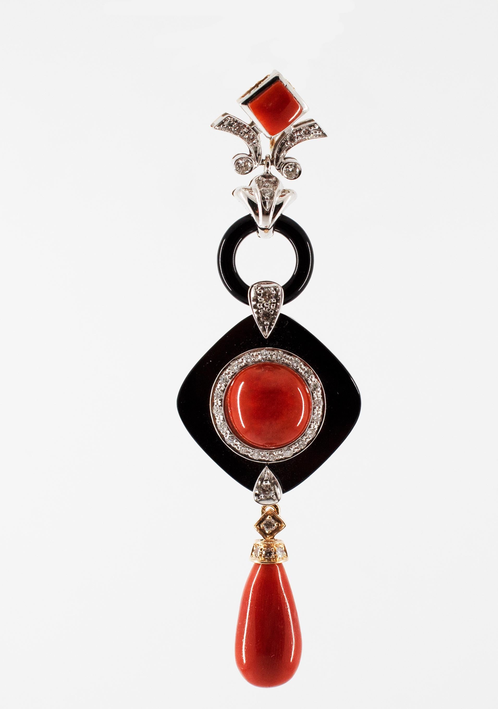 Brilliant Cut Art Deco Style Red Coral White Diamond Onyx White Gold Pendant Necklace For Sale