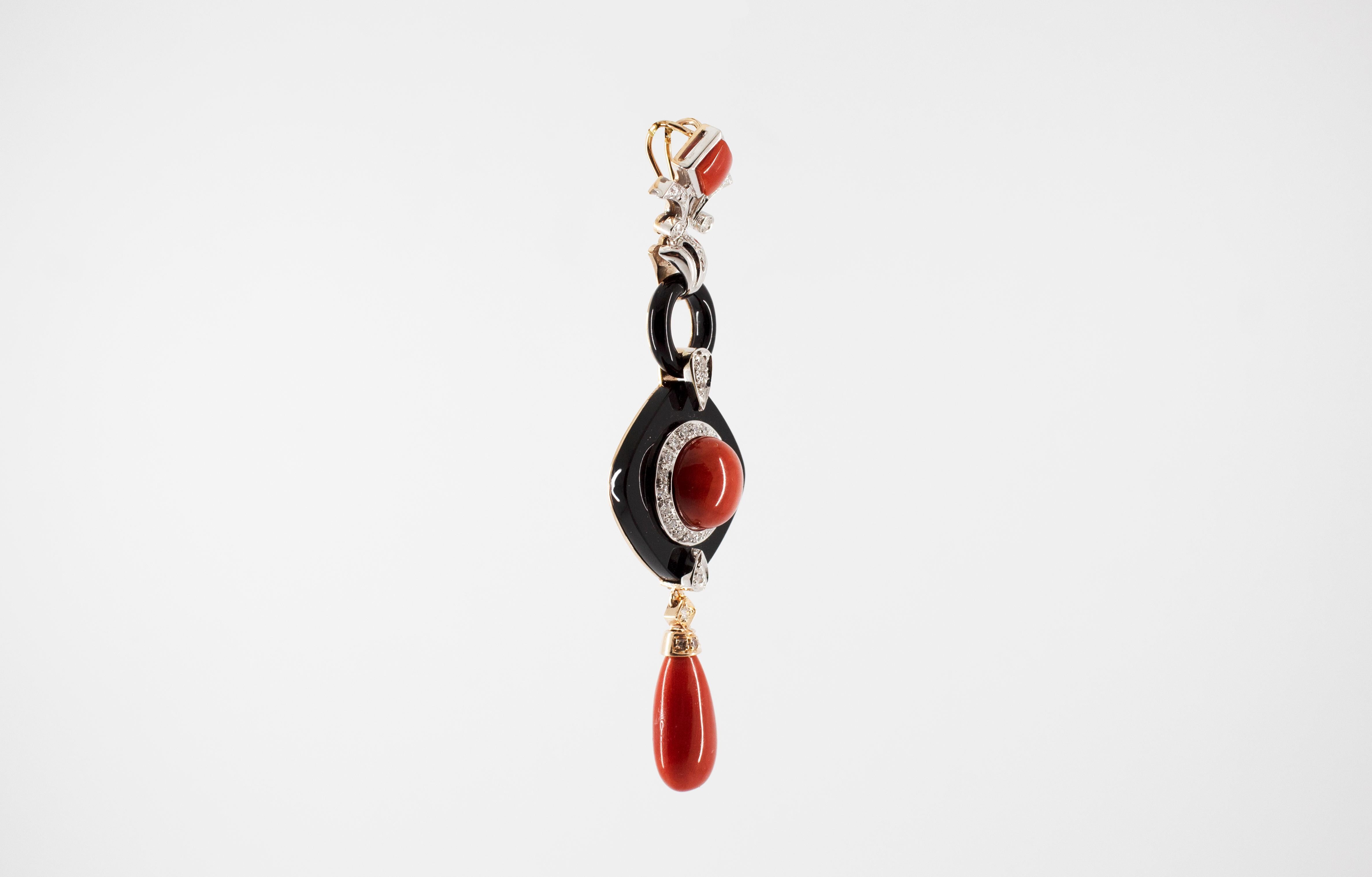 Women's or Men's Art Deco Style Red Coral White Diamond Onyx White Gold Pendant Necklace For Sale