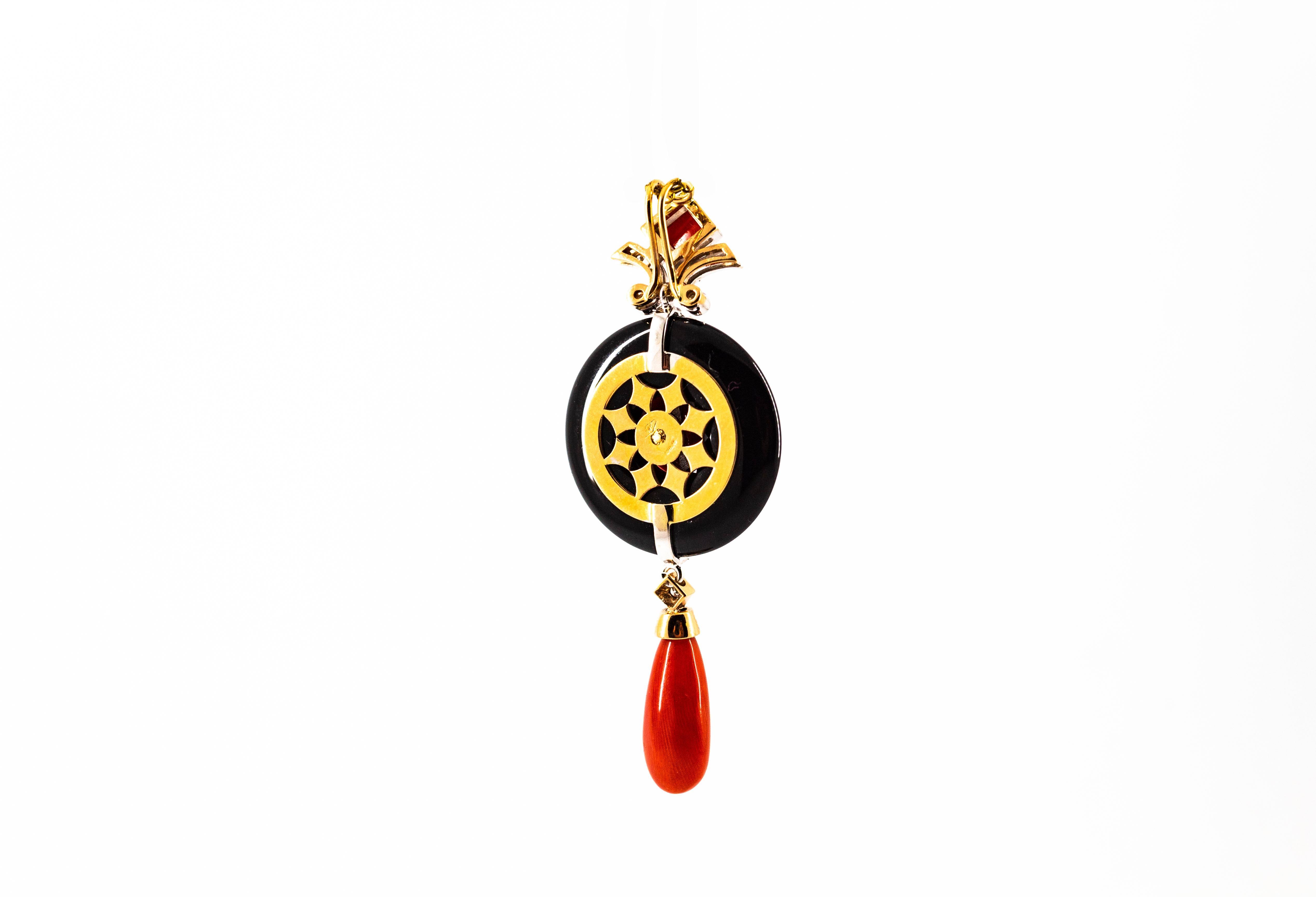Art Deco Style Red Coral White Diamond Onyx White Gold Pendant Necklace In New Condition For Sale In Naples, IT