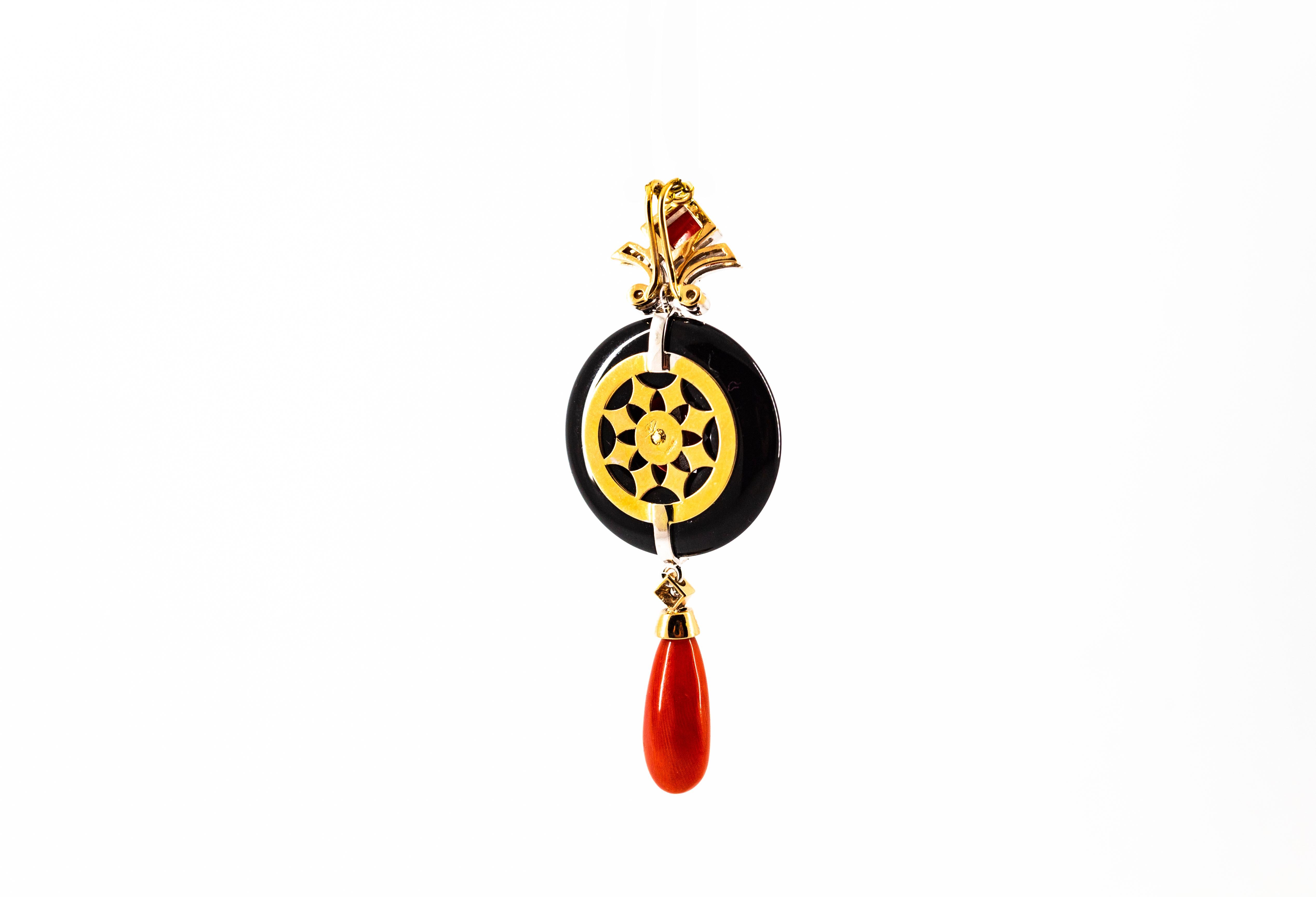 Art Deco Style Red Coral White Diamond Onyx White Gold Pendant Necklace In New Condition In Naples, IT
