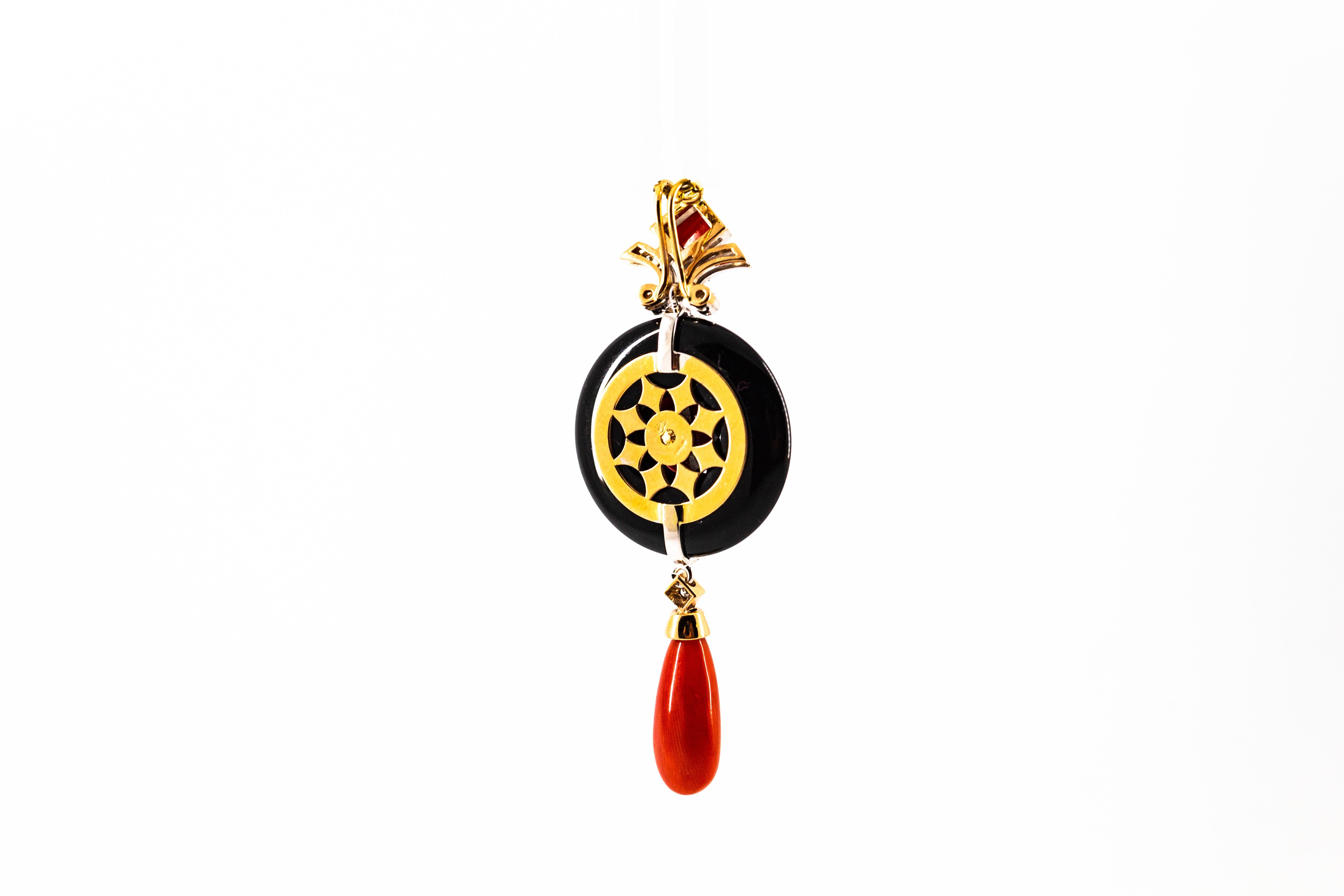 Women's or Men's Art Deco Style Red Coral White Diamond Onyx White Gold Pendant Necklace