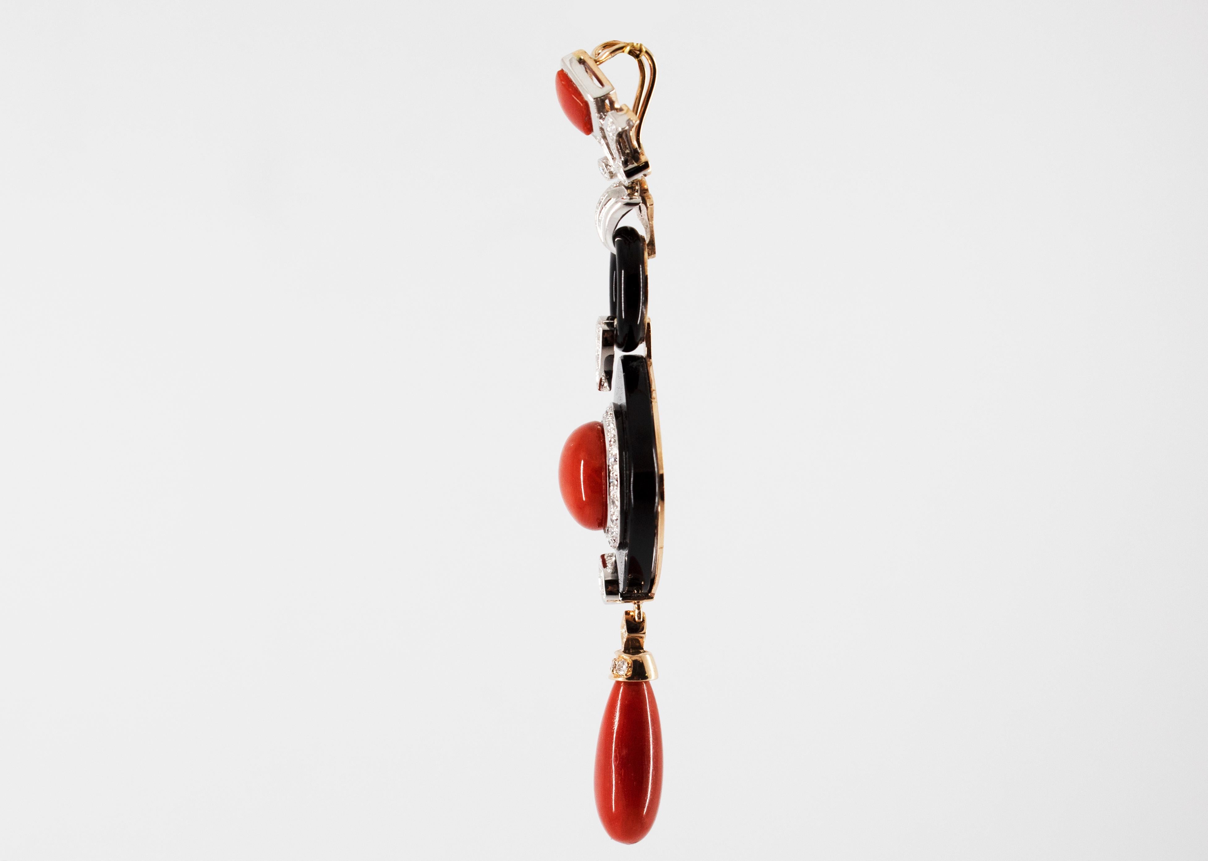 Art Deco Style Red Coral White Diamond Onyx White Gold Pendant Necklace For Sale 3