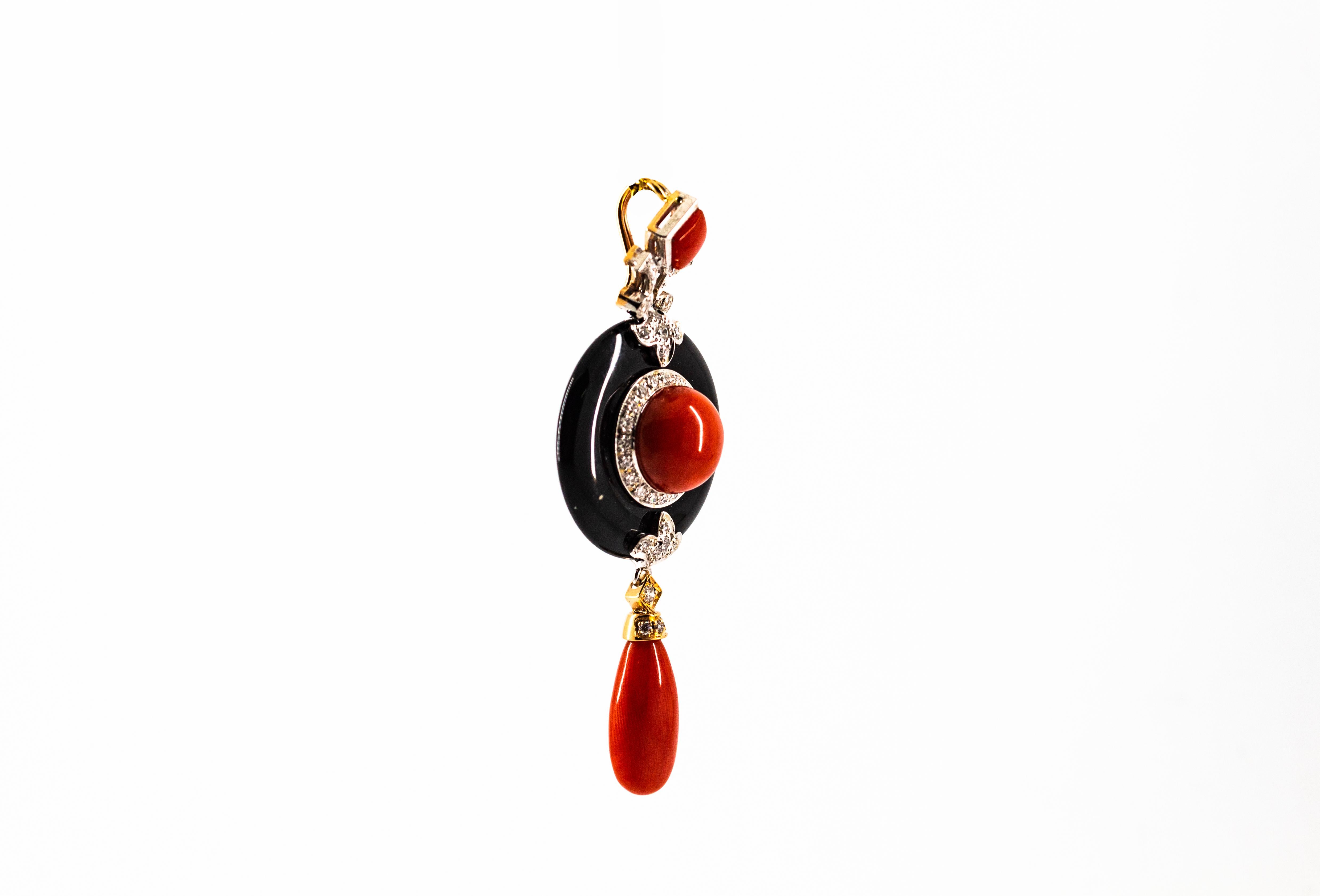 Art Deco Style Red Coral White Diamond Onyx White Gold Pendant Necklace For Sale 2