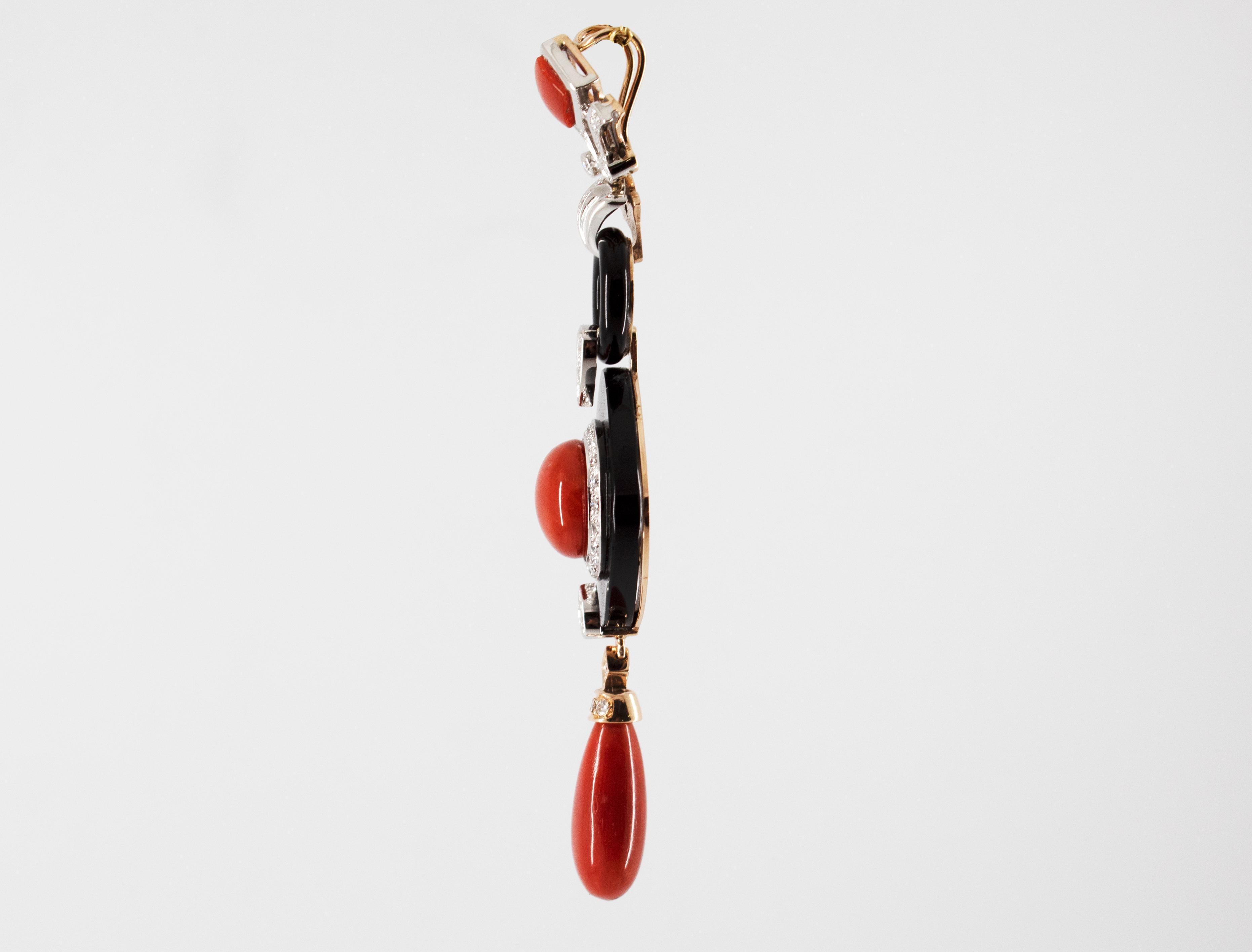 Art Deco Style Red Coral White Diamond Onyx White Gold Pendant Necklace For Sale 4