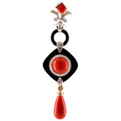 Art Deco Style Red Coral White Diamond Onyx White Gold Pendant Necklace