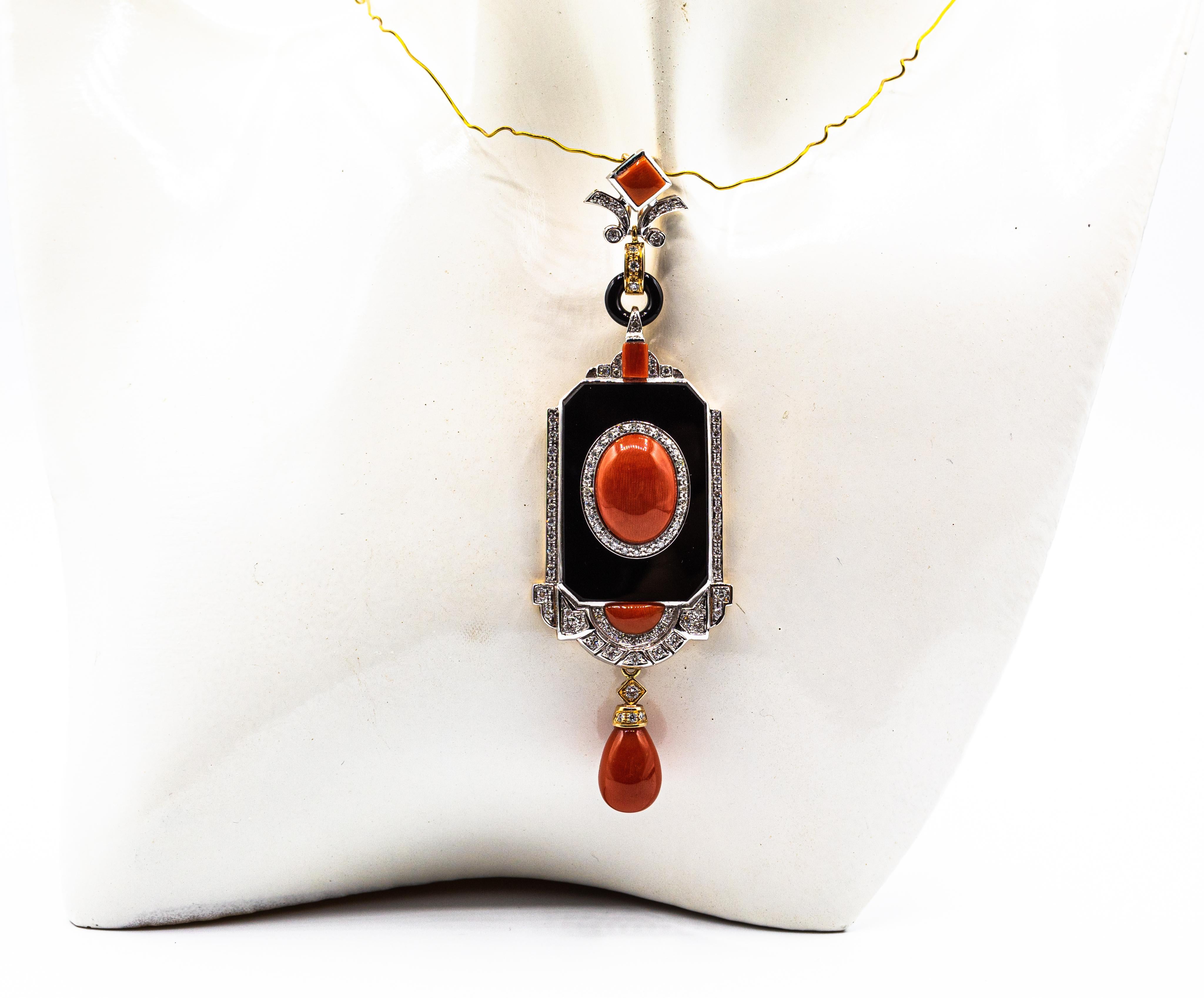 Art Deco Style Red Coral White Diamond Onyx Yellow Gold Pendant Necklace For Sale 5