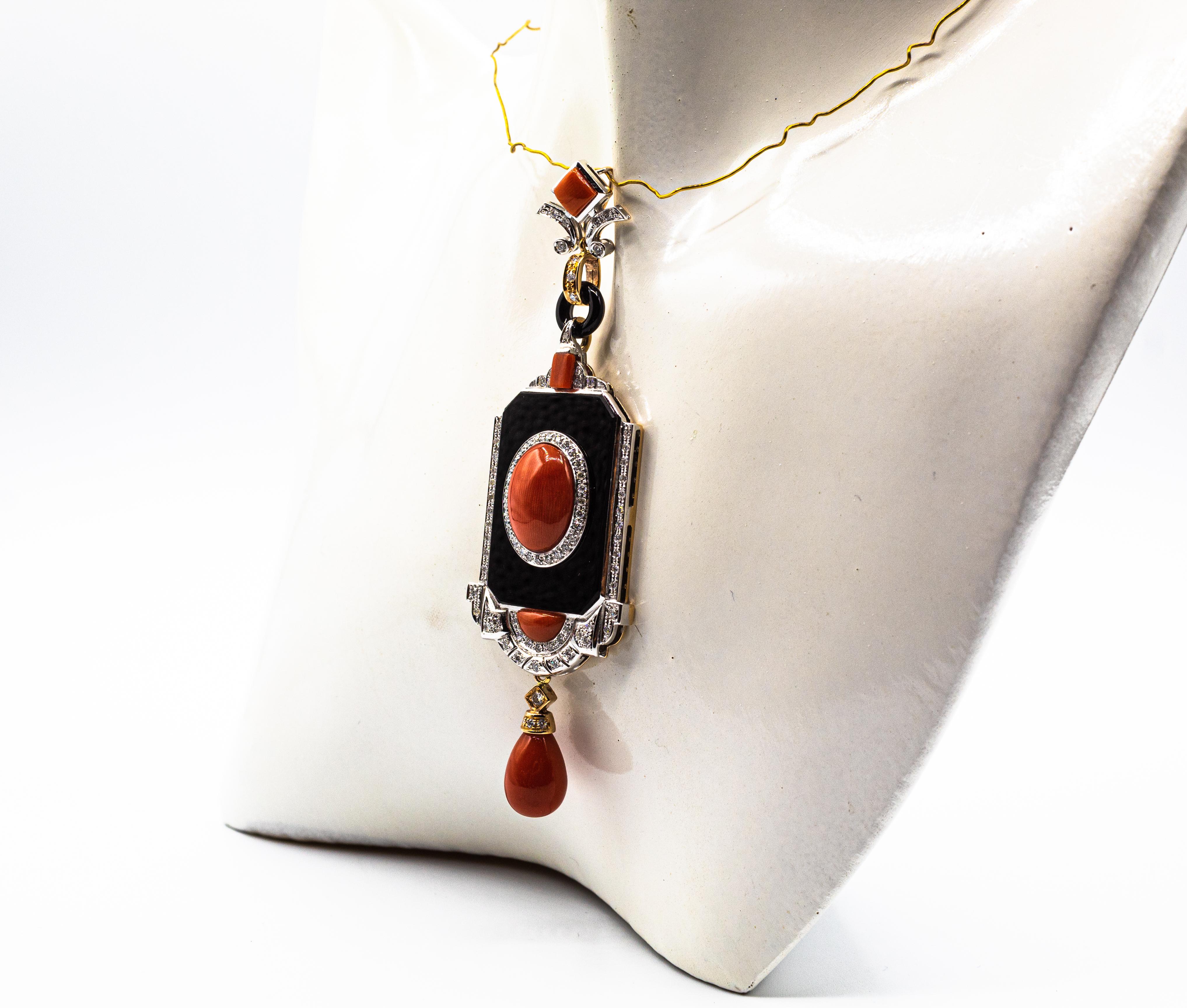Art Deco Style Red Coral White Diamond Onyx Yellow Gold Pendant Necklace For Sale 6