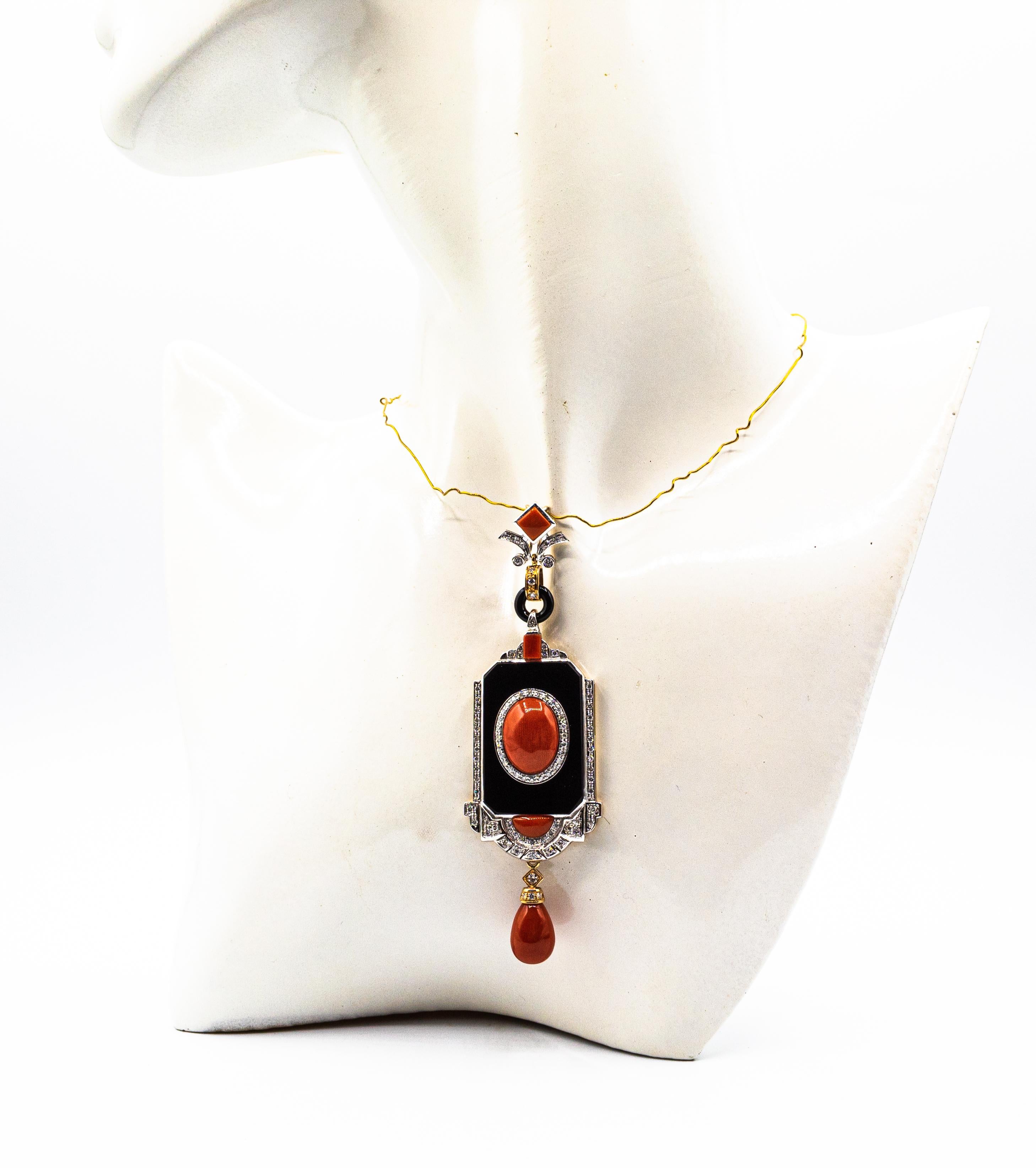 Art Deco Style Red Coral White Diamond Onyx Yellow Gold Pendant Necklace For Sale 7