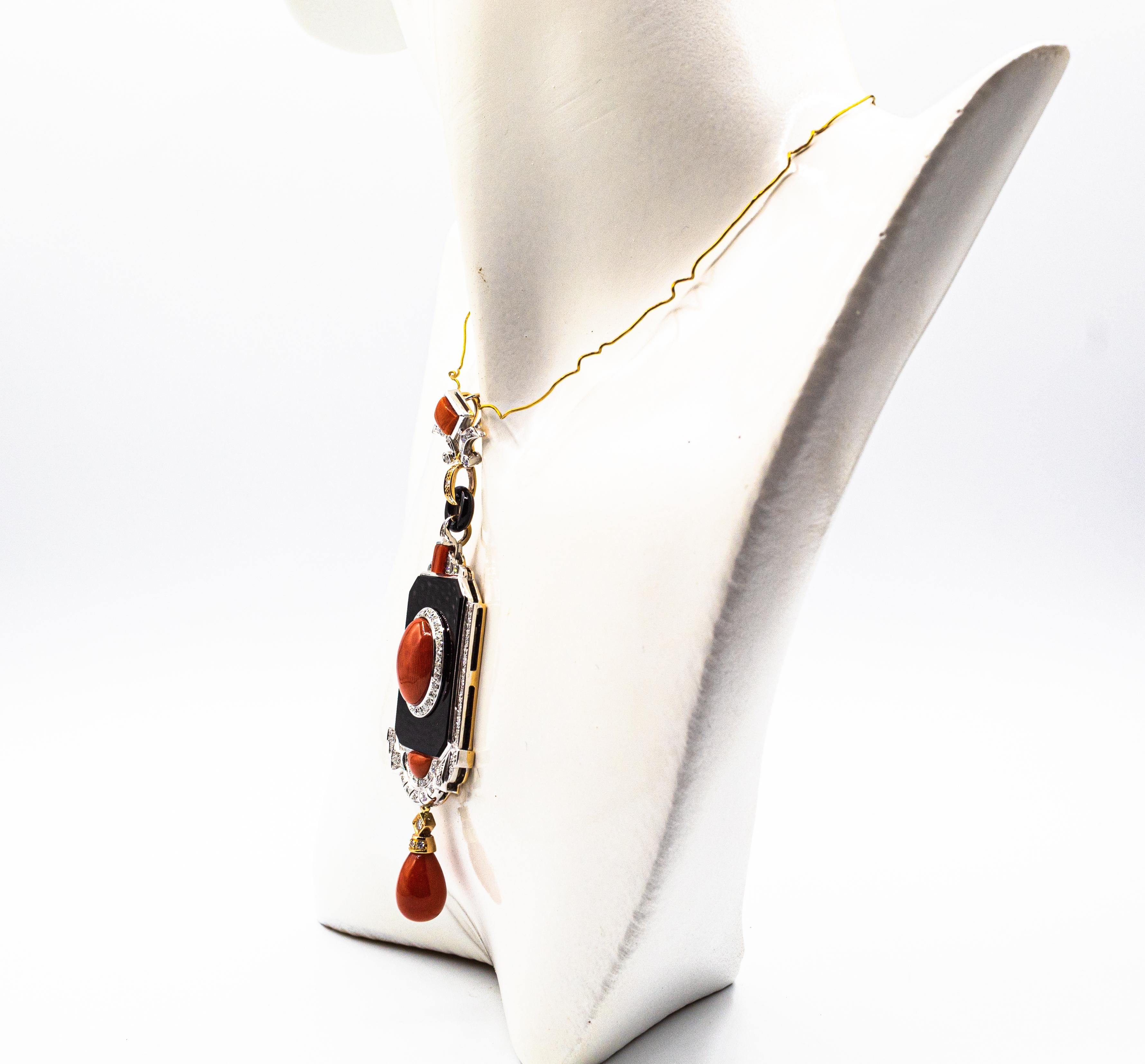 Art Deco Style Red Coral White Diamond Onyx Yellow Gold Pendant Necklace For Sale 8