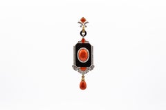Art Deco Style Red Coral White Diamond Onyx Yellow Gold Pendant Necklace
