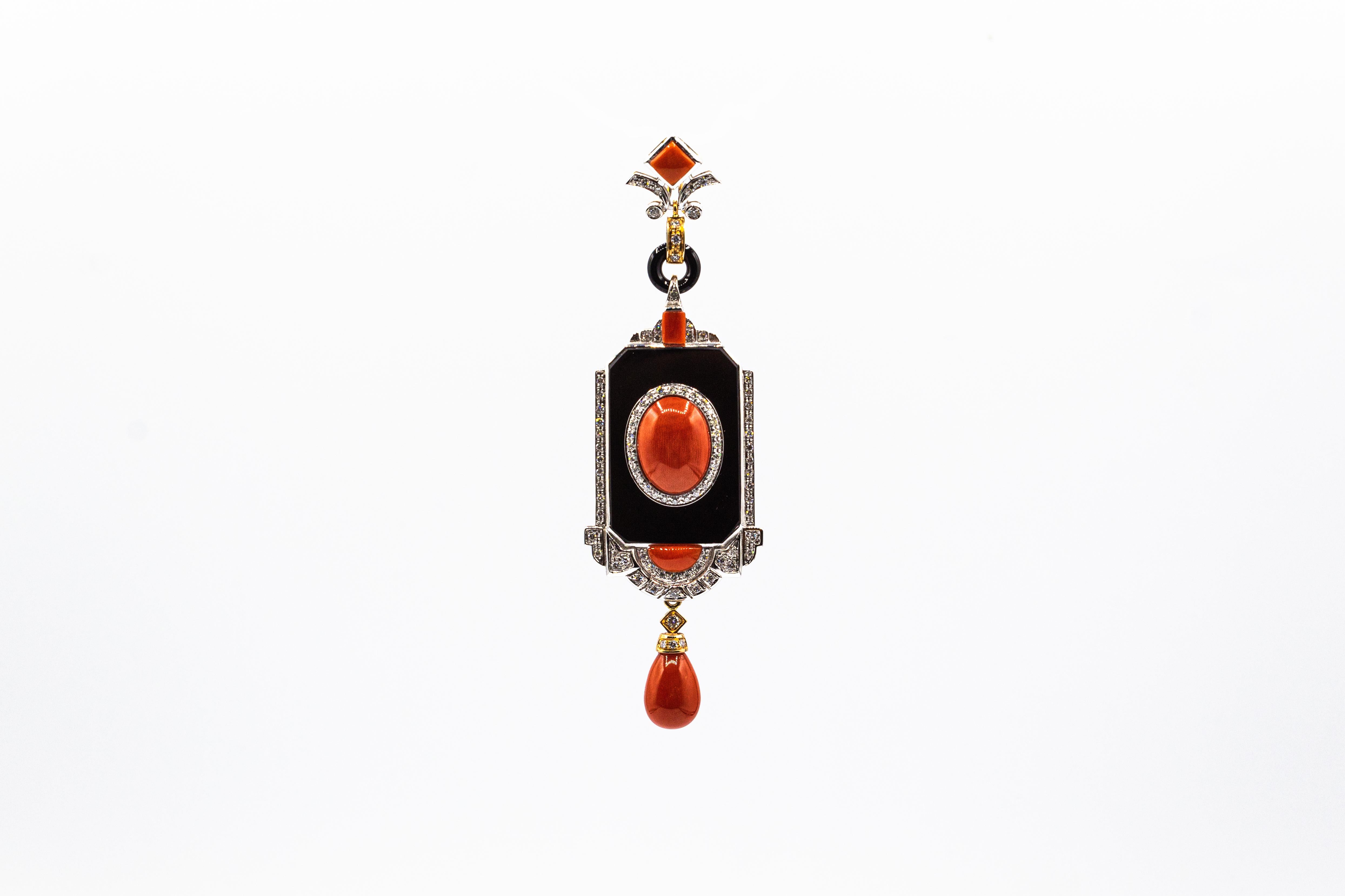 Brilliant Cut Art Deco Style Red Coral White Diamond Onyx Yellow Gold Pendant Necklace For Sale
