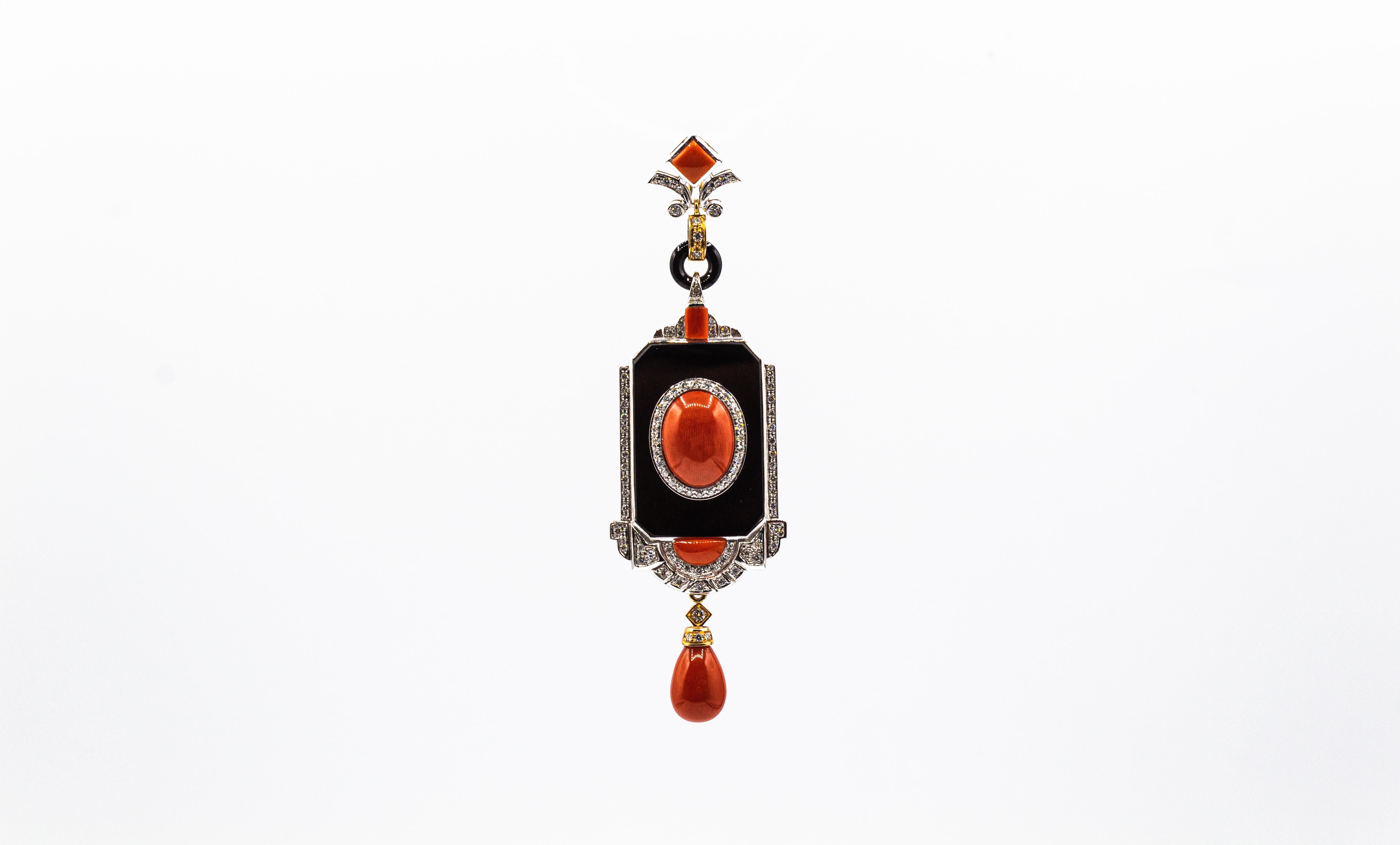Art Deco Style Red Coral White Diamond Onyx Yellow Gold Pendant Necklace In New Condition For Sale In Naples, IT