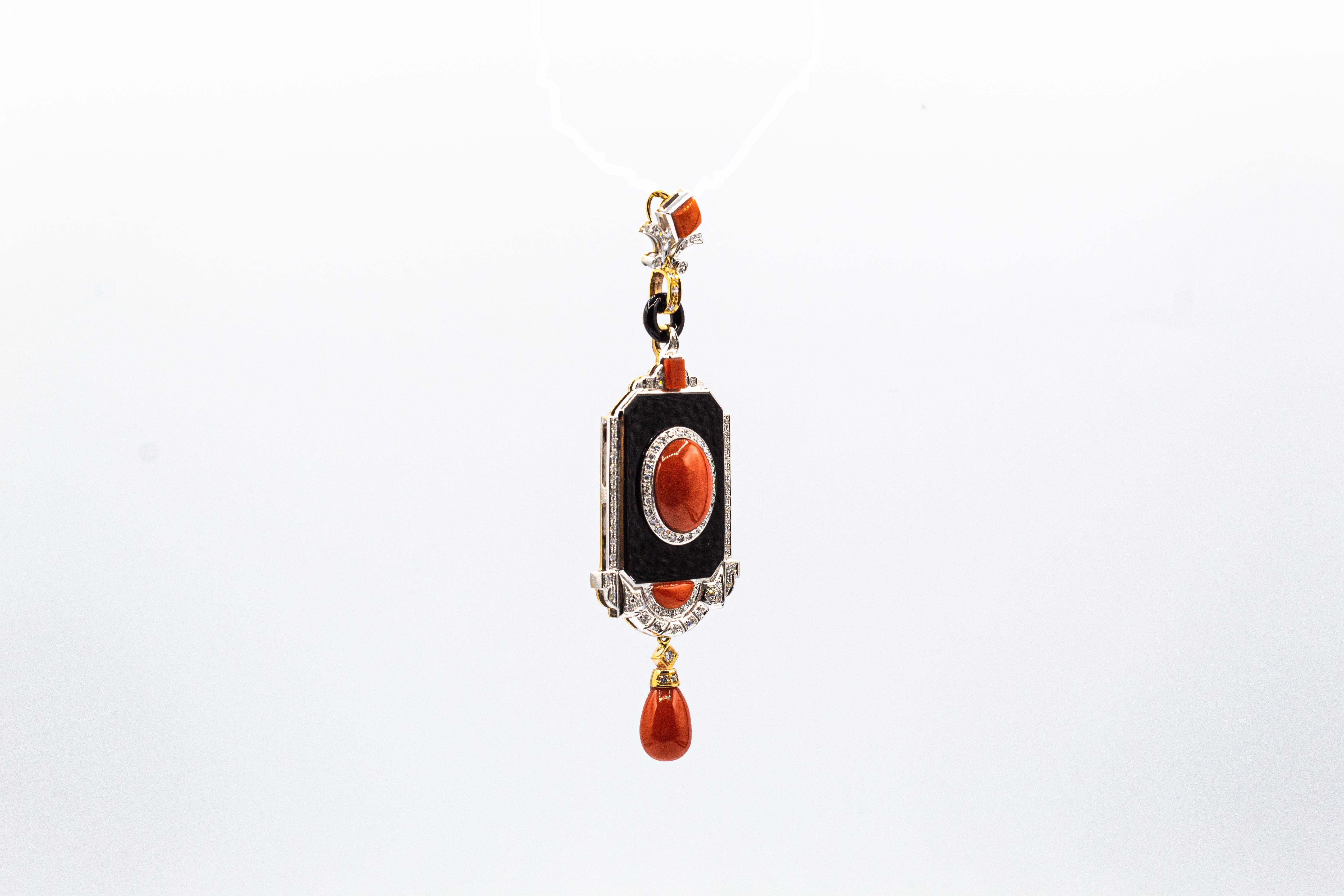 Women's or Men's Art Deco Style Red Coral White Diamond Onyx Yellow Gold Pendant Necklace For Sale