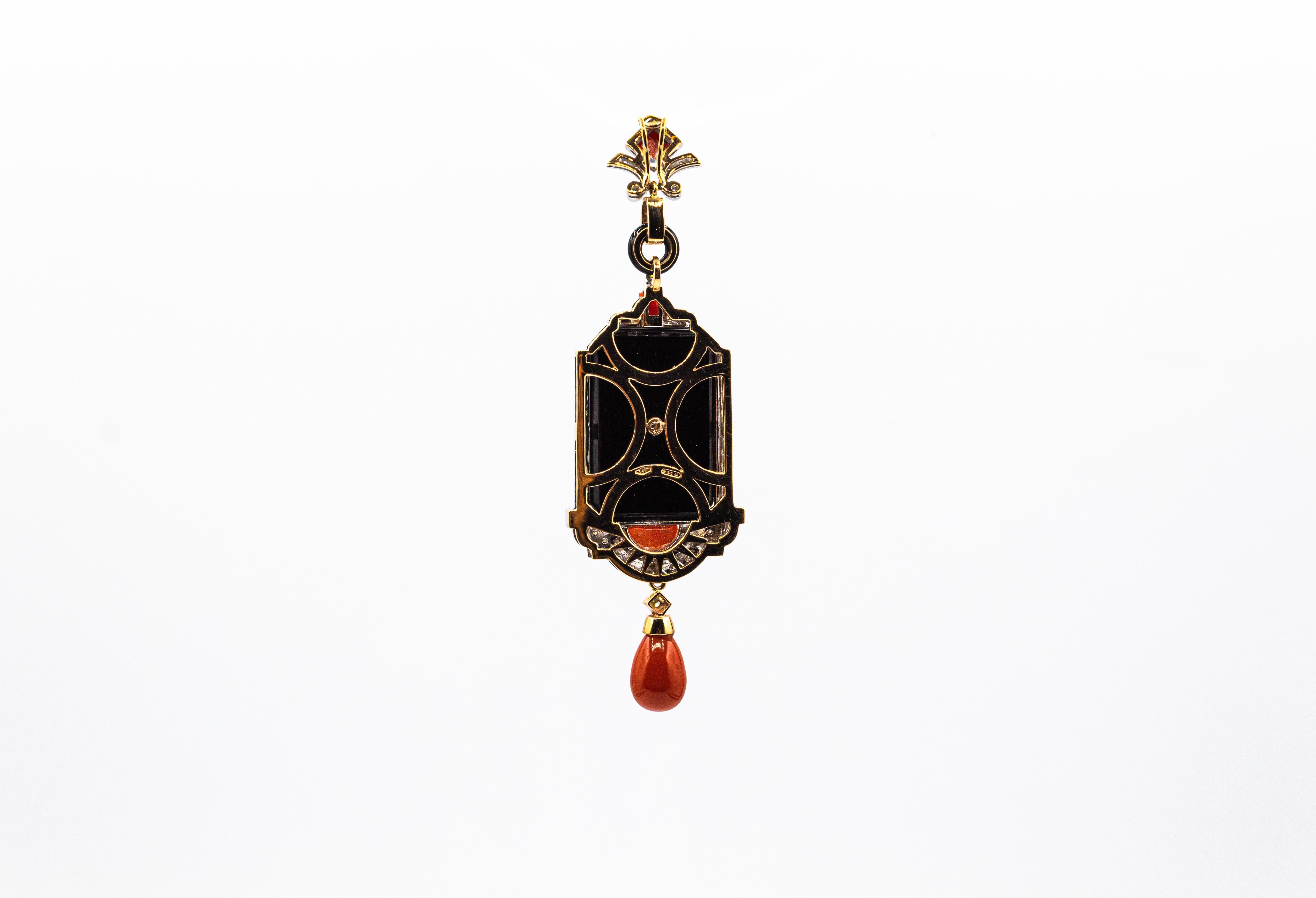 Art Deco Style Red Coral White Diamond Onyx Yellow Gold Pendant Necklace For Sale 1