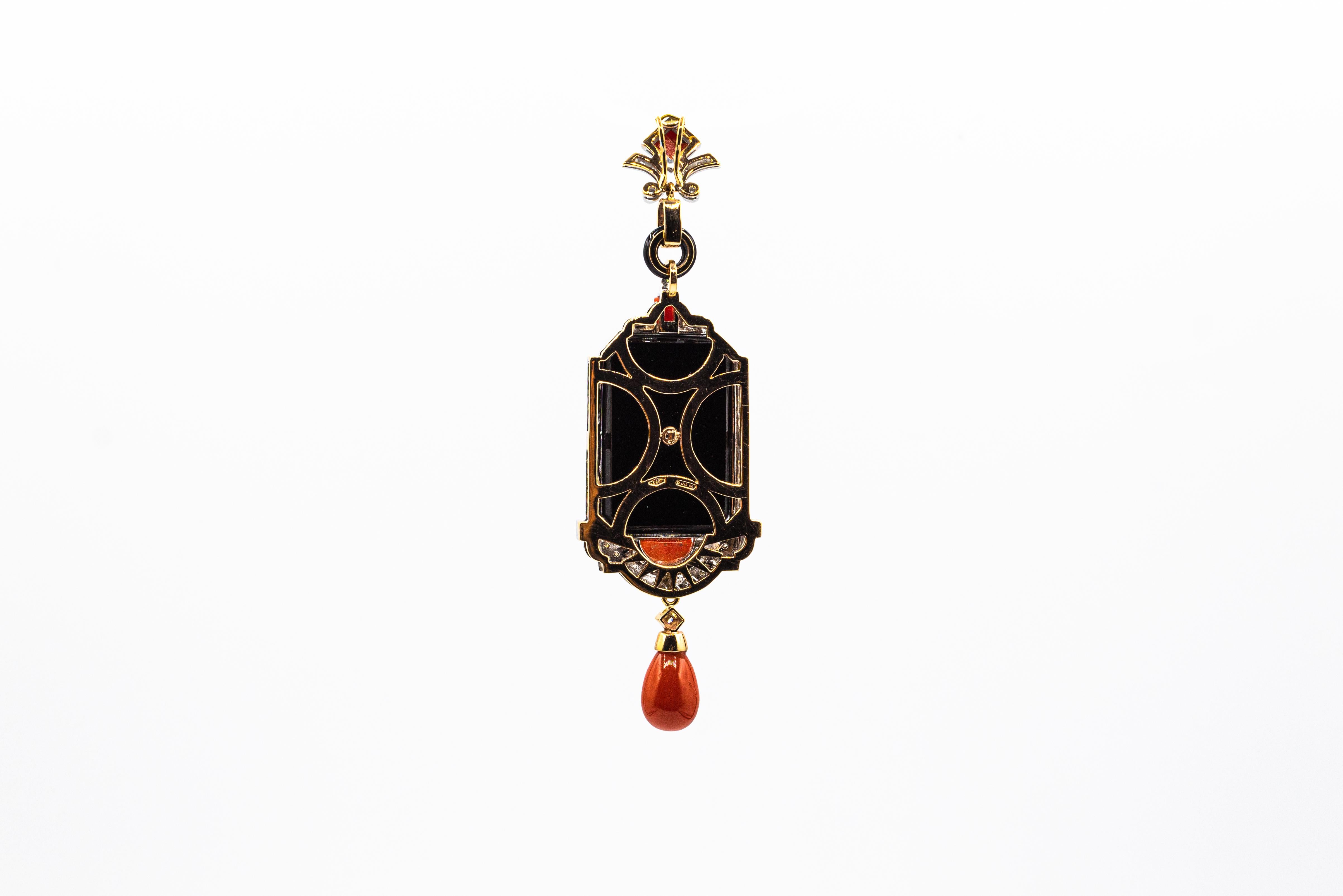 Art Deco Style Red Coral White Diamond Onyx Yellow Gold Pendant Necklace For Sale 2