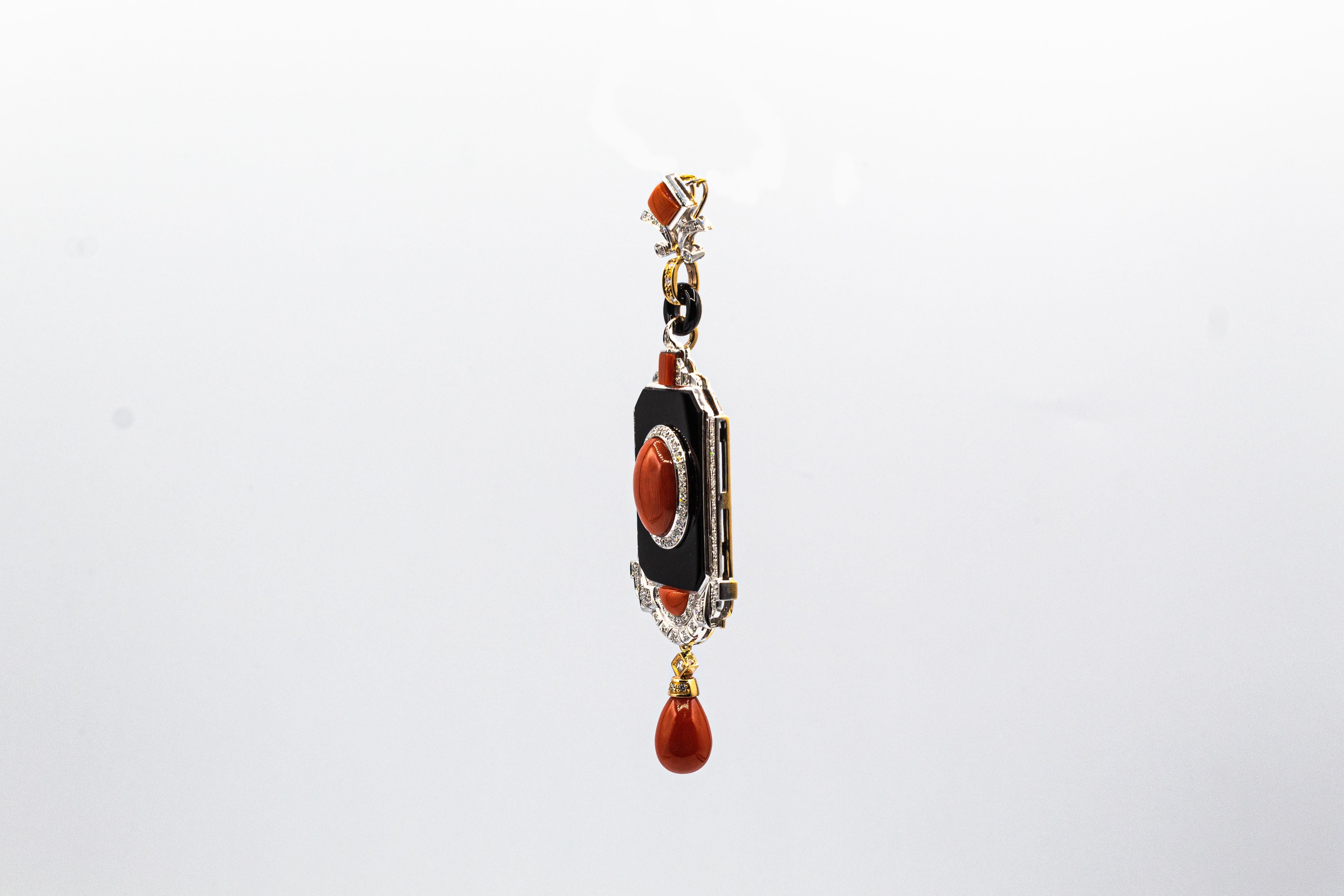 Art Deco Style Red Coral White Diamond Onyx Yellow Gold Pendant Necklace For Sale 3