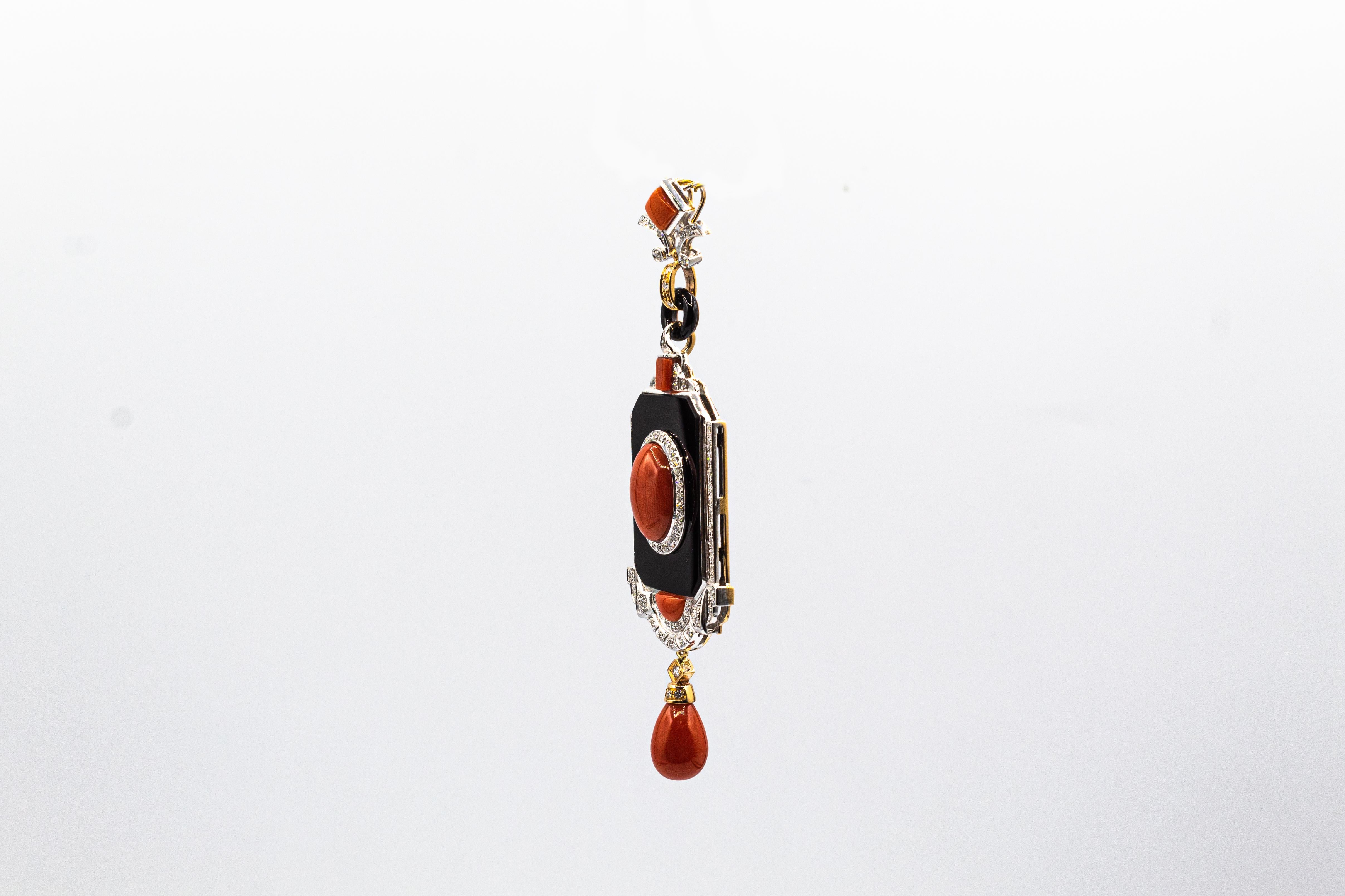 Art Deco Style Red Coral White Diamond Onyx Yellow Gold Pendant Necklace For Sale 4