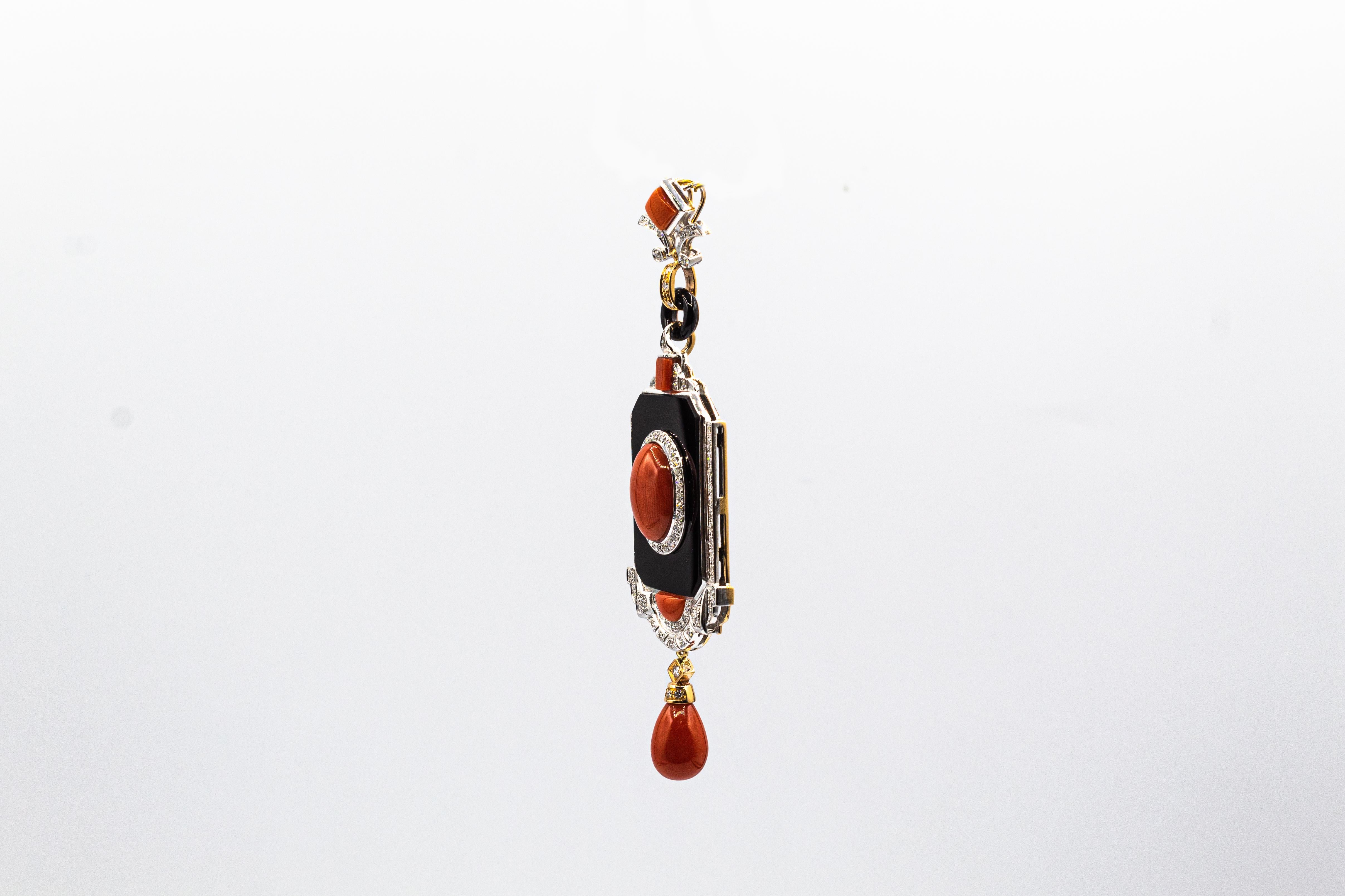 Collar Colgante Oro Amarillo Coral Rojo Diamante Blanco Ónix Estilo Art Decó en venta 4