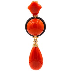 Art Deco Style Red Coral White Diamond Onyx Yellow Gold Pendant Necklace