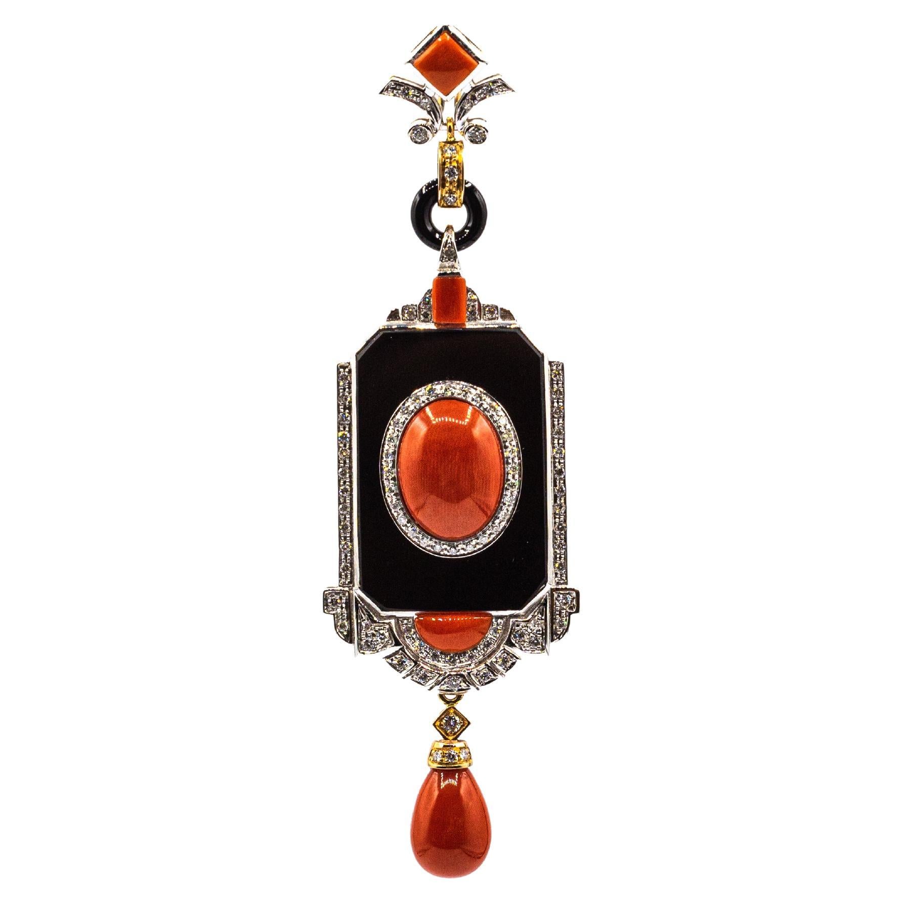 Art Deco Style Red Coral White Diamond Onyx Yellow Gold Pendant Necklace For Sale