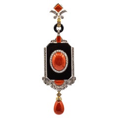 Retro Art Deco Style Red Coral White Diamond Onyx Yellow Gold Pendant Necklace