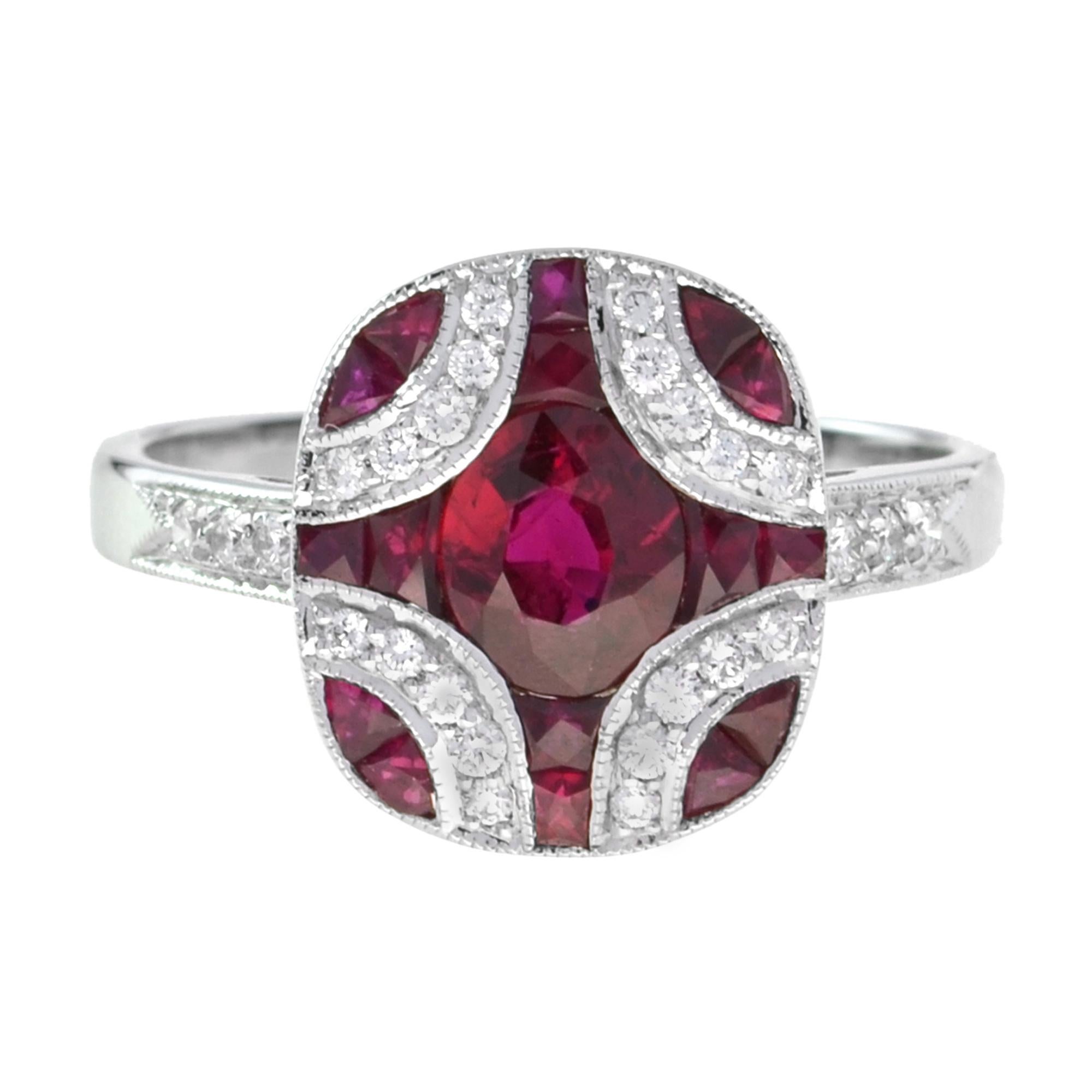 Bague d'inspiration Art déco en rubis et diamants avec dix-sept rubis totalisant 1,92 carats. Ce modèle présente un rubis de taille ovale au centre, un rubis français de taille trapézoïdale adjacent et des diamants blancs ronds en serti clos