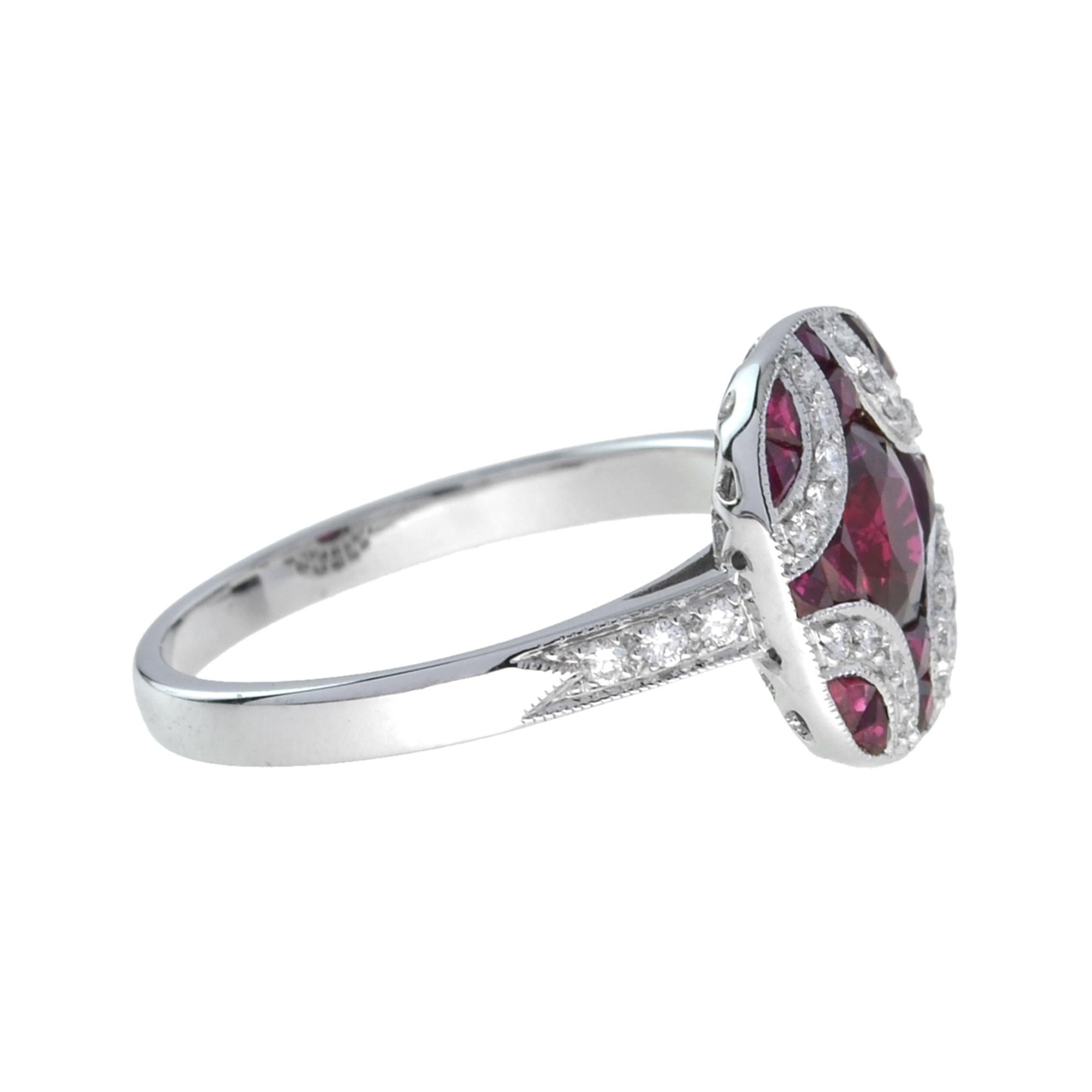 Art déco Bague de style Art Déco en mosaïque de rubis ovales roses rouges et de diamants à taille unique en vente