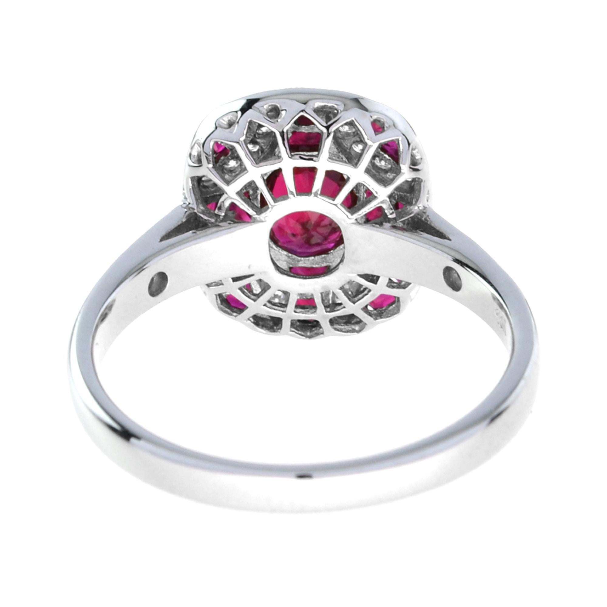 Taille ovale Bague de style Art Déco en mosaïque de rubis ovales roses rouges et de diamants à taille unique en vente