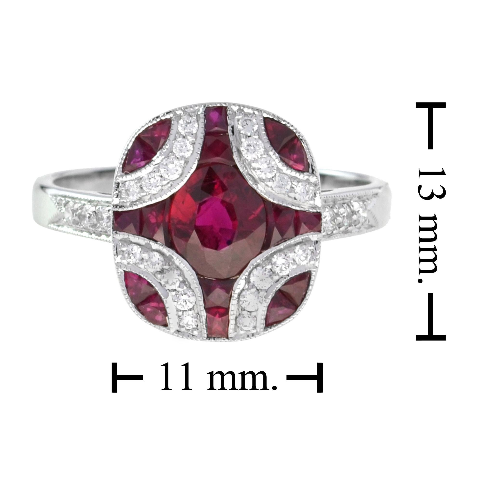 Bague de style Art Déco en mosaïque de rubis ovales roses rouges et de diamants à taille unique en vente 3