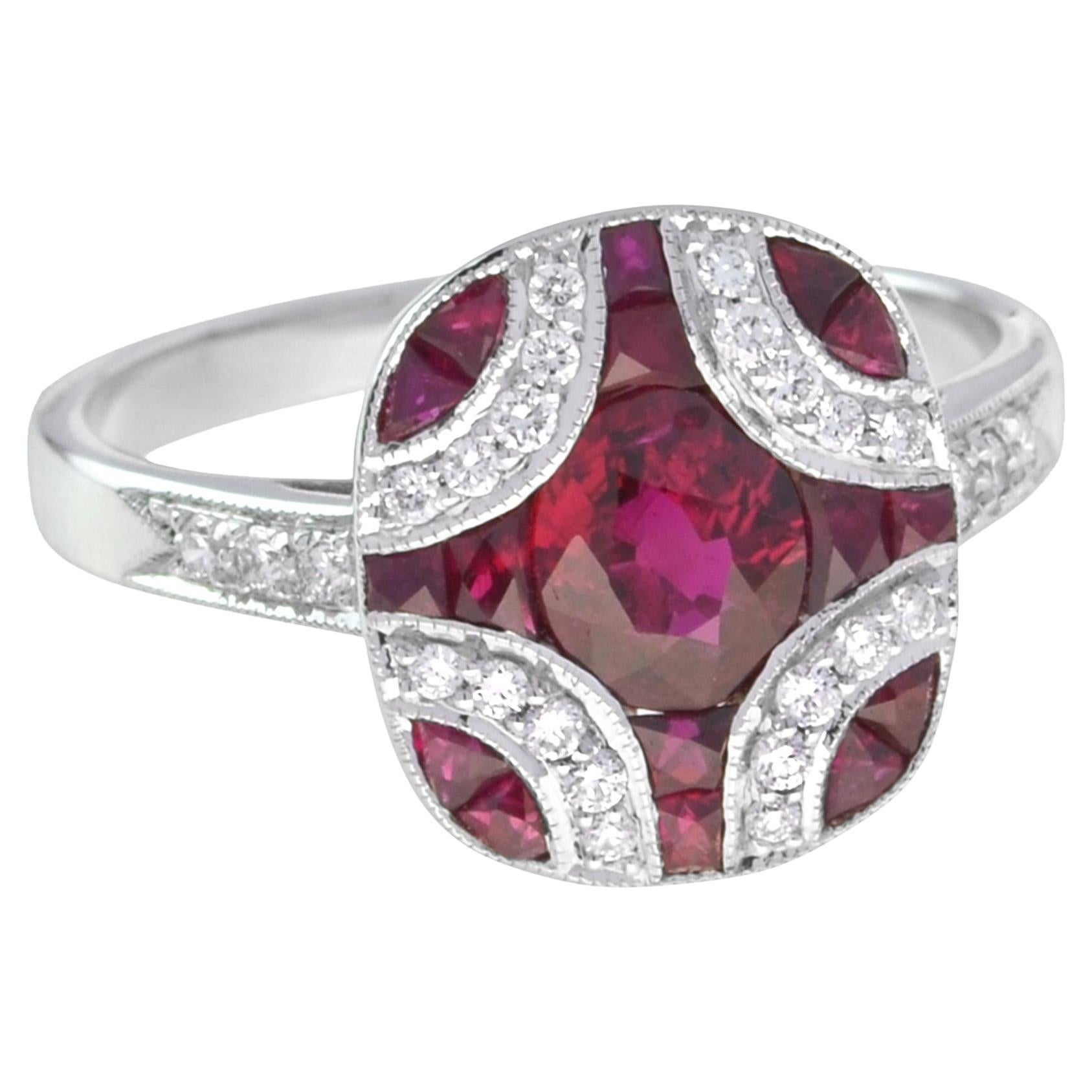 Bague de style Art Déco en mosaïque de rubis ovales roses rouges et de diamants à taille unique en vente