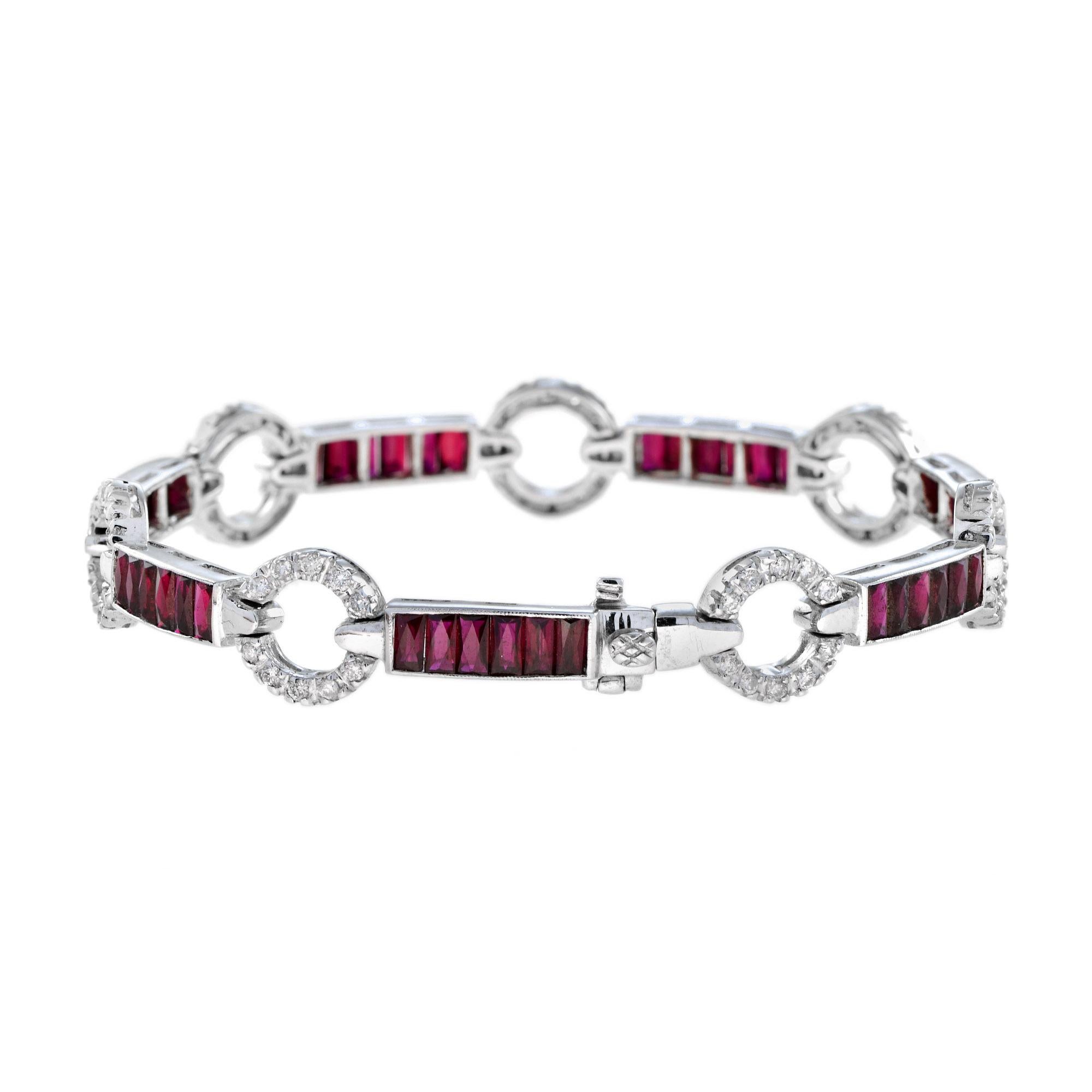 Handcrafted out of stunning red rubies and diamonds, this bracelet is perfect for evening or day wear. Each individual section features round diamonds and is separated from its neighbor with a ruby line. This wonderful piece is a must-have for any