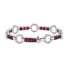 Art Deco Style Red Pink Ruby & Diamond 18K White Gold Unique Tennis Bracelet