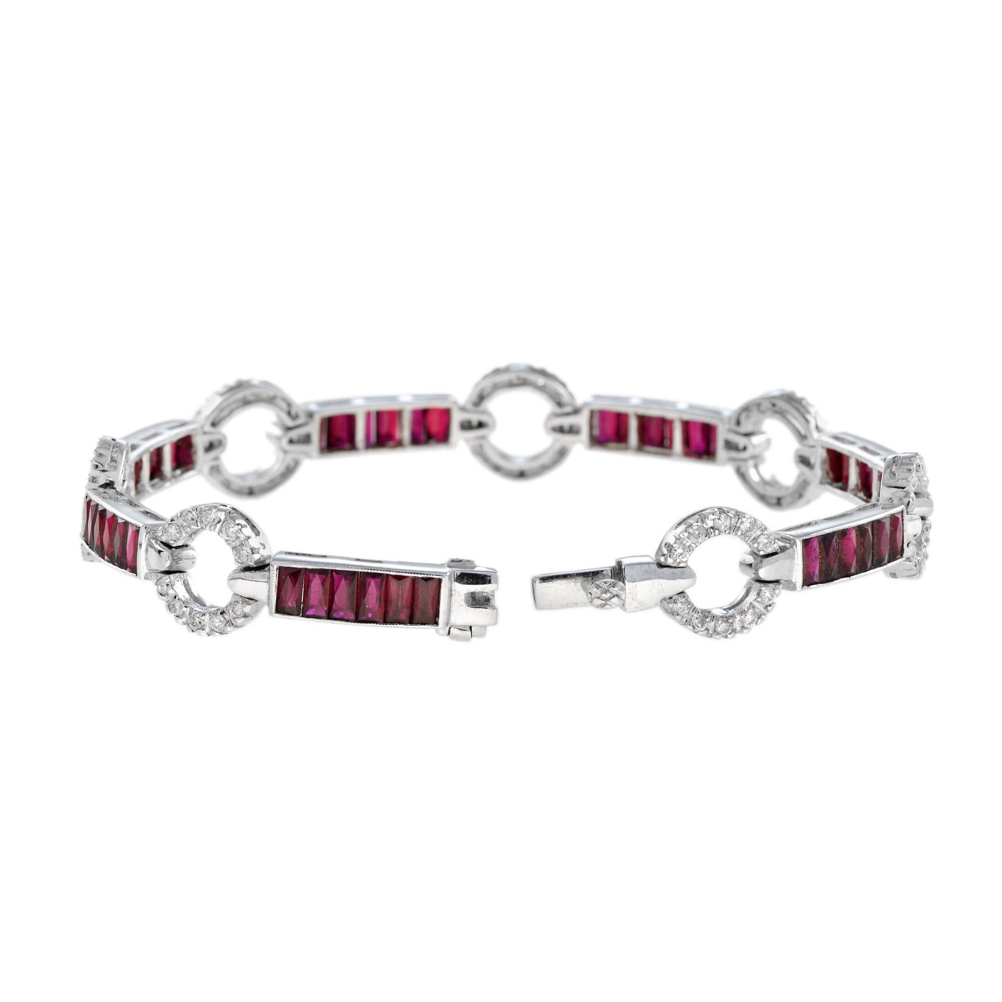 Art Deco Style Red Pink Ruby & Diamond 18K White Gold Unique Tennis Bracelet (Art déco) im Angebot