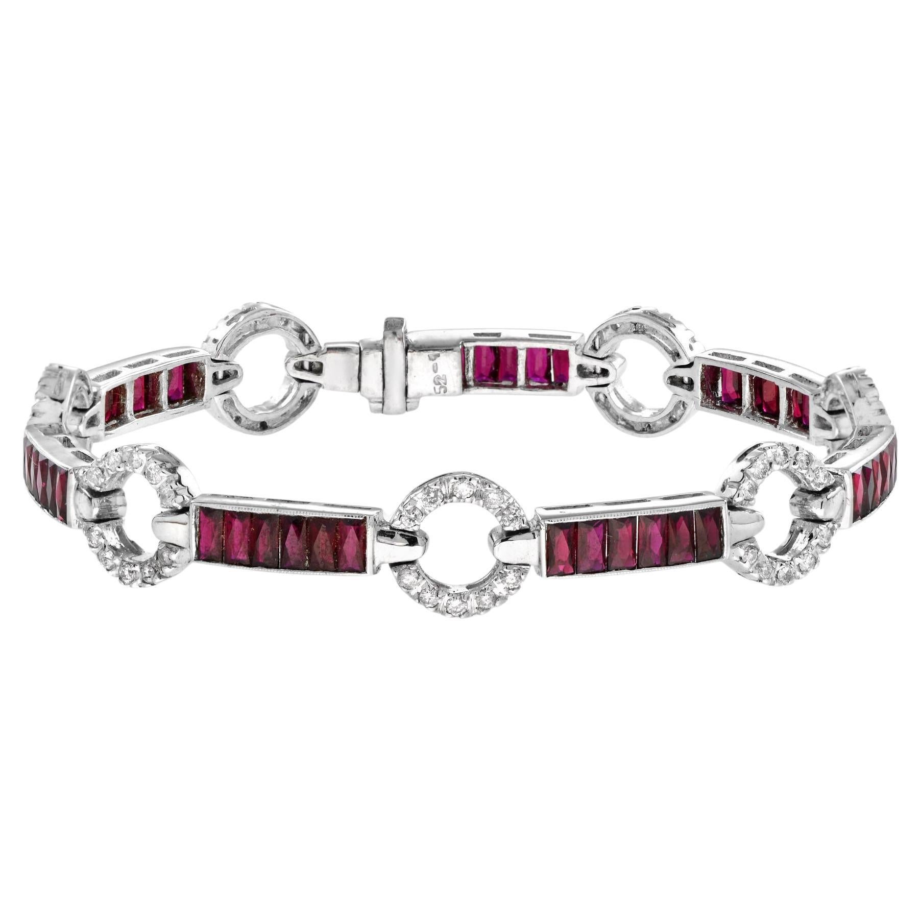 Art Deco Style Red Pink Ruby & Diamond 18K White Gold Unique Tennis Bracelet