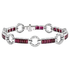 Art Deco Style Red Pink Ruby & Diamond 18K White Gold Unique Tennis Bracelet