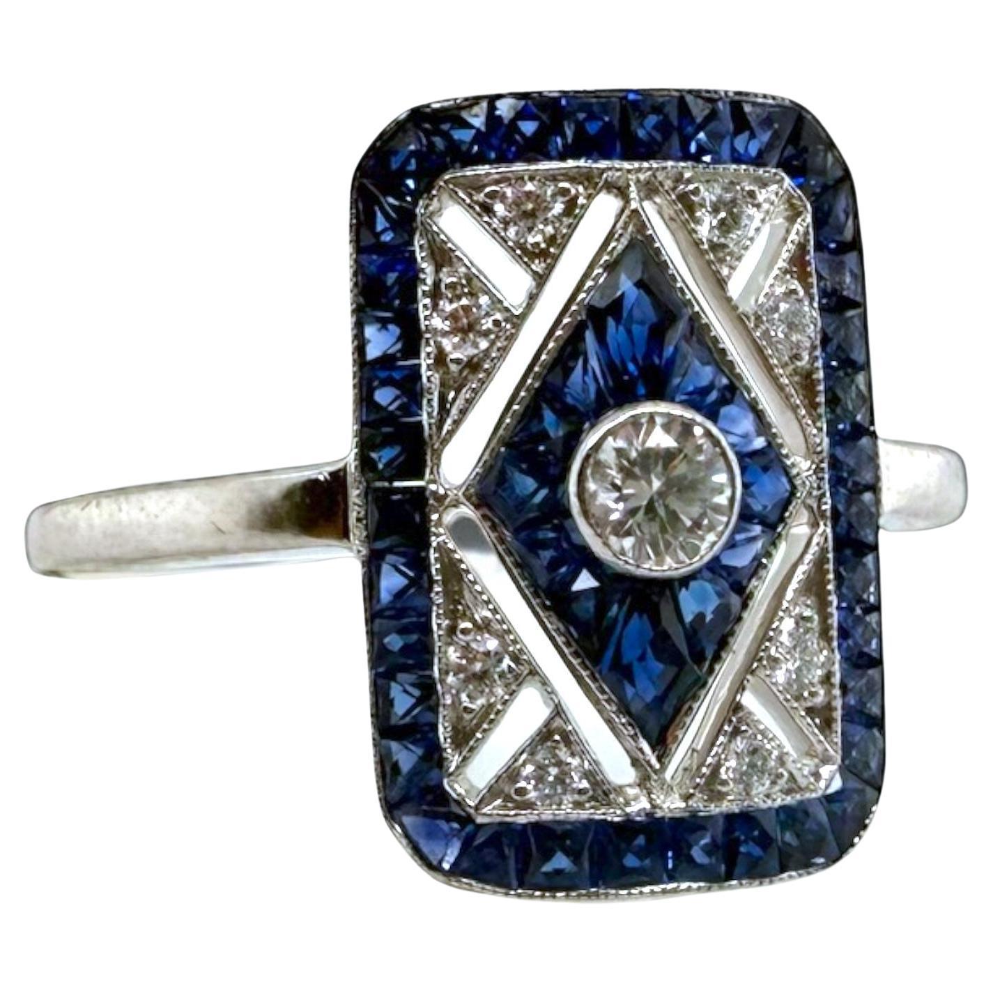 Anillo de Cóctel de Diamantes y Zafiros Reproducción Estilo Art Déco en venta