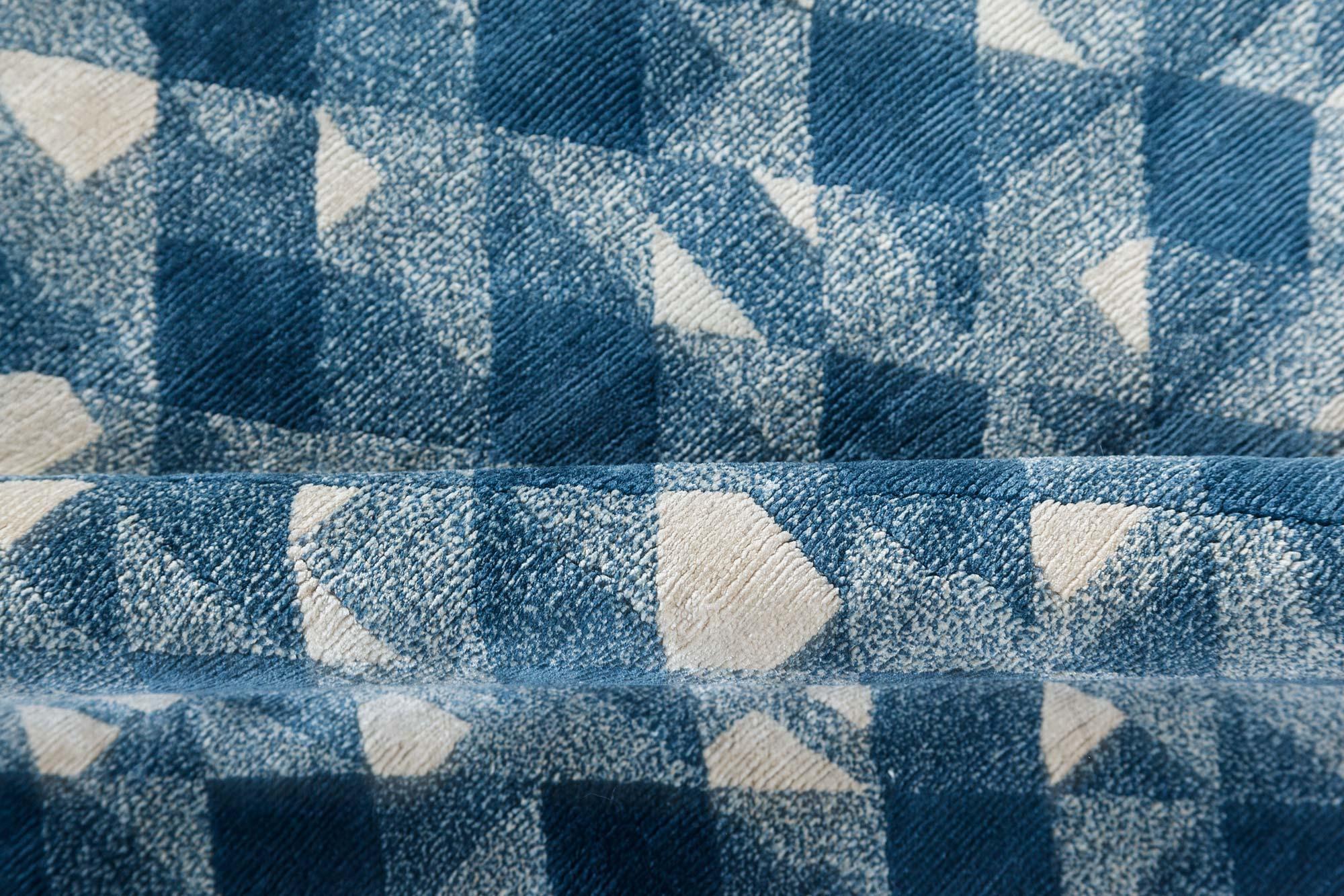 Art Deco Style rhombus blue and white handmade silk rug by Doris Leslie Blau.
Size: 12'2