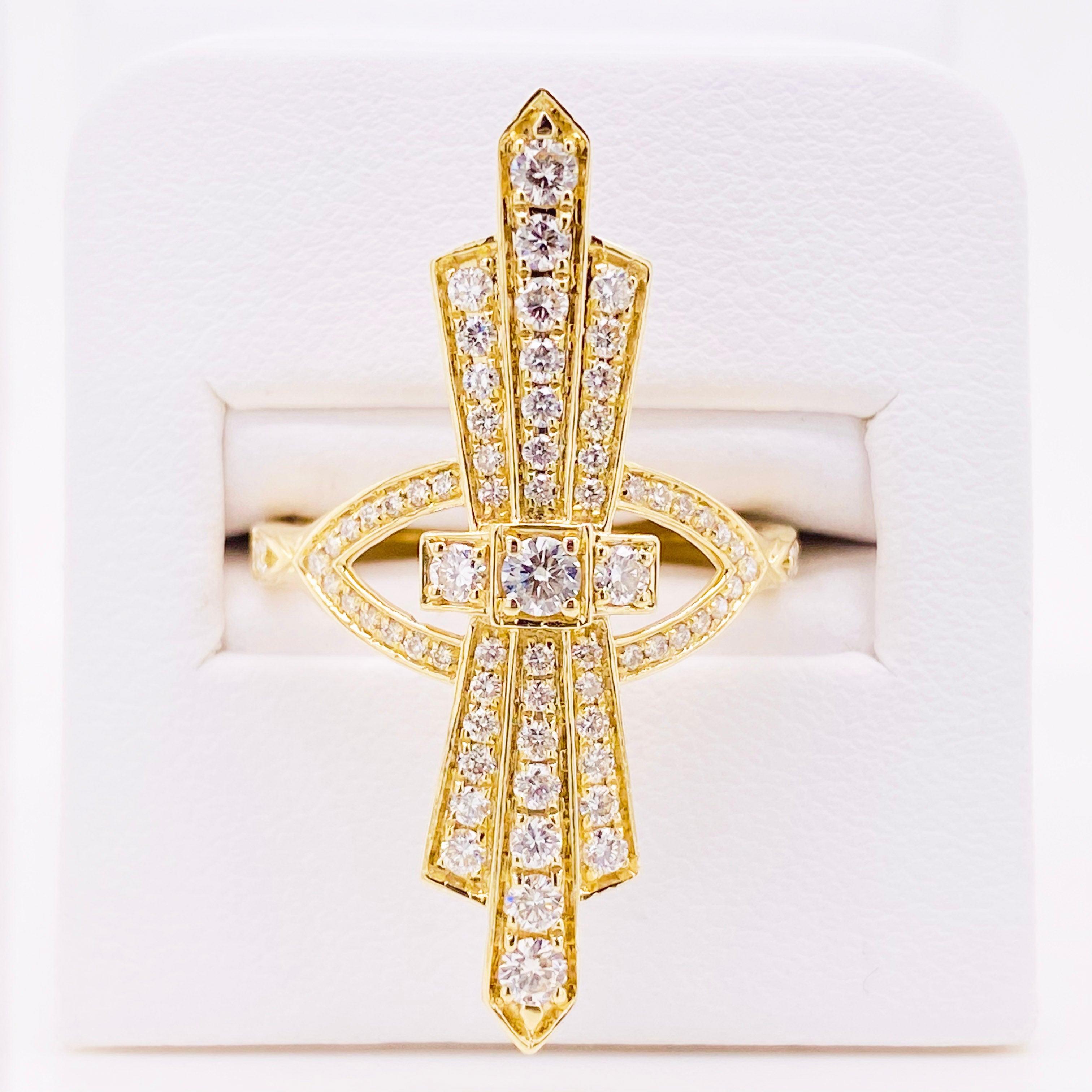 For Sale:  Art Deco Style Ring, 14k Yellow Gold Diamond Designer Ring 2