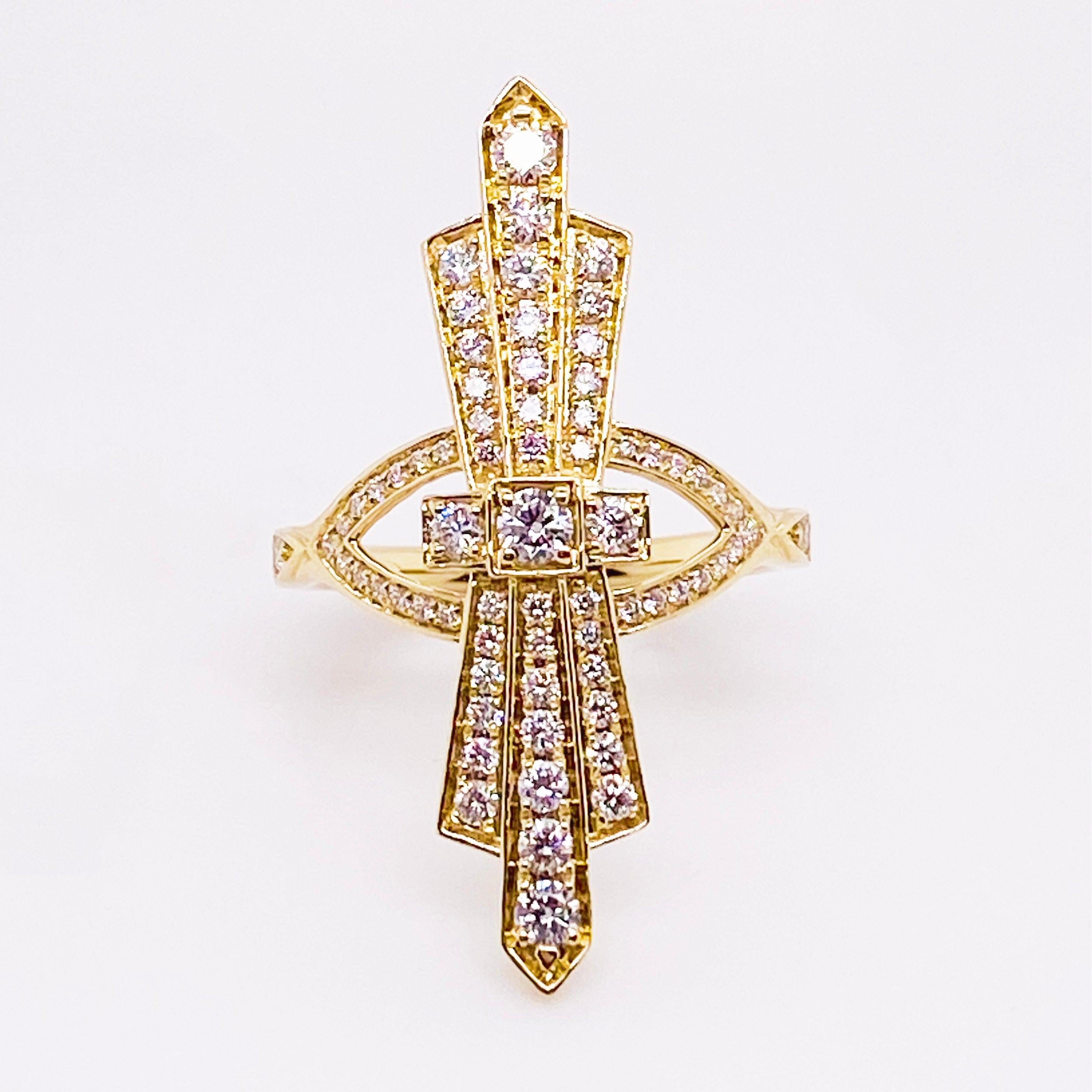 For Sale:  Art Deco Style Ring, 14k Yellow Gold Diamond Designer Ring 4