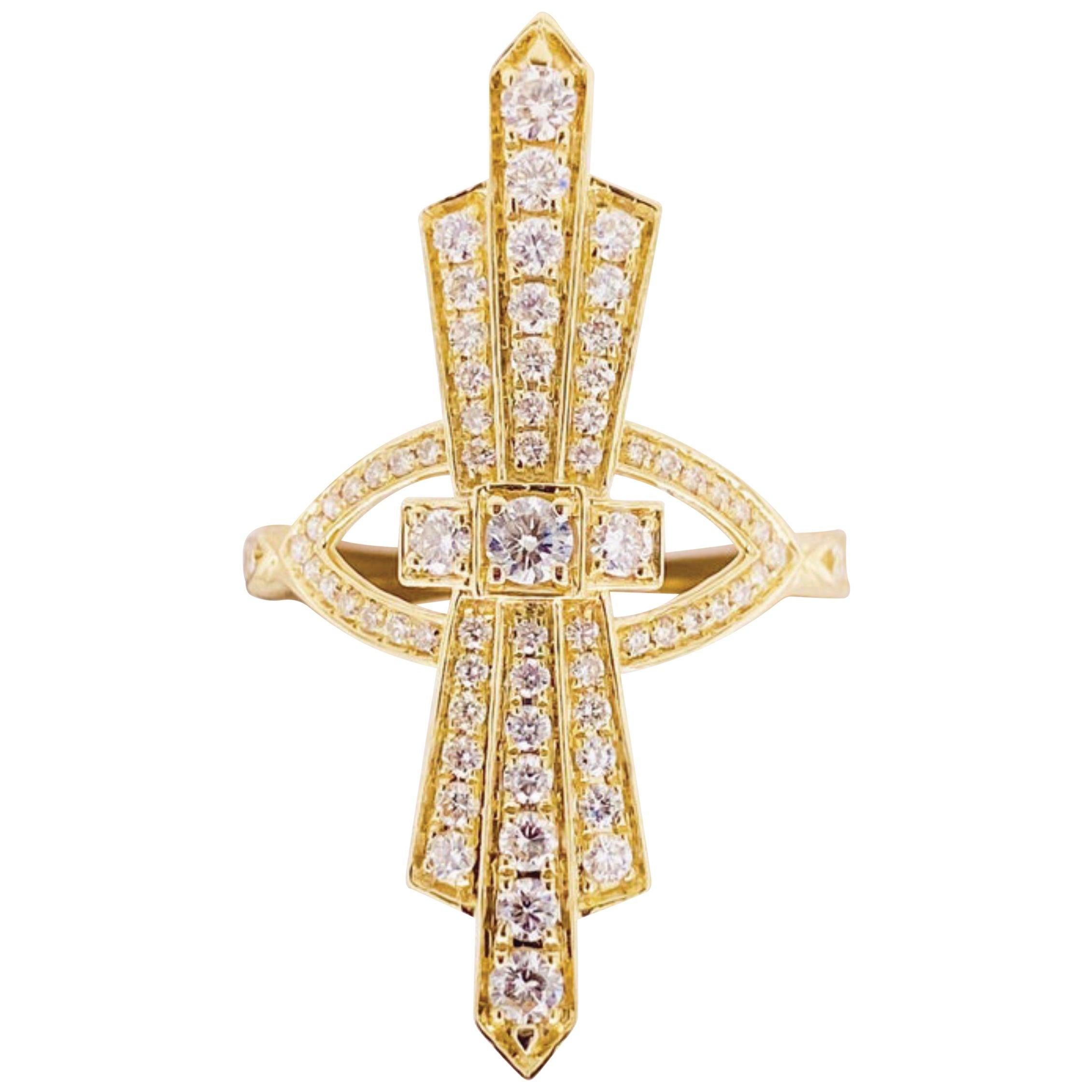 Art Deco Style Ring, 14k Yellow Gold Diamond Designer Ring