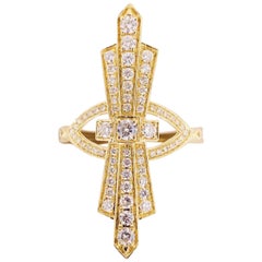 Used Art Deco Style Ring, 14k Yellow Gold Diamond Designer Ring