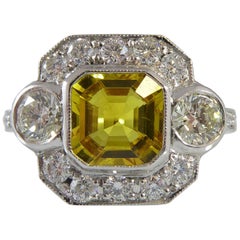 Art Deco Style Ring, 1.52 Carat Yellow Sapphire and 0.88 Carat Diamond Surround