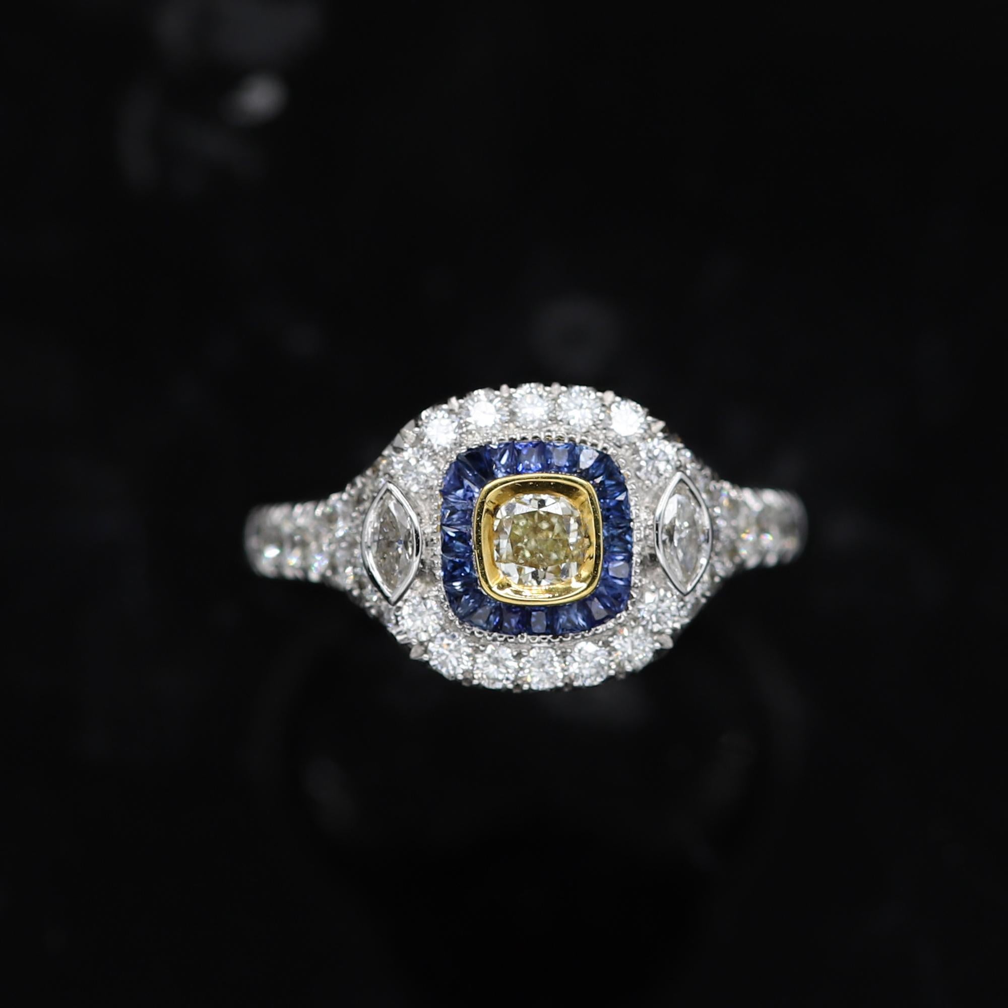 Art Deco Style Ring 18 Karat White Gold Blue Sapphire & Light Yellow Diamond For Sale 5