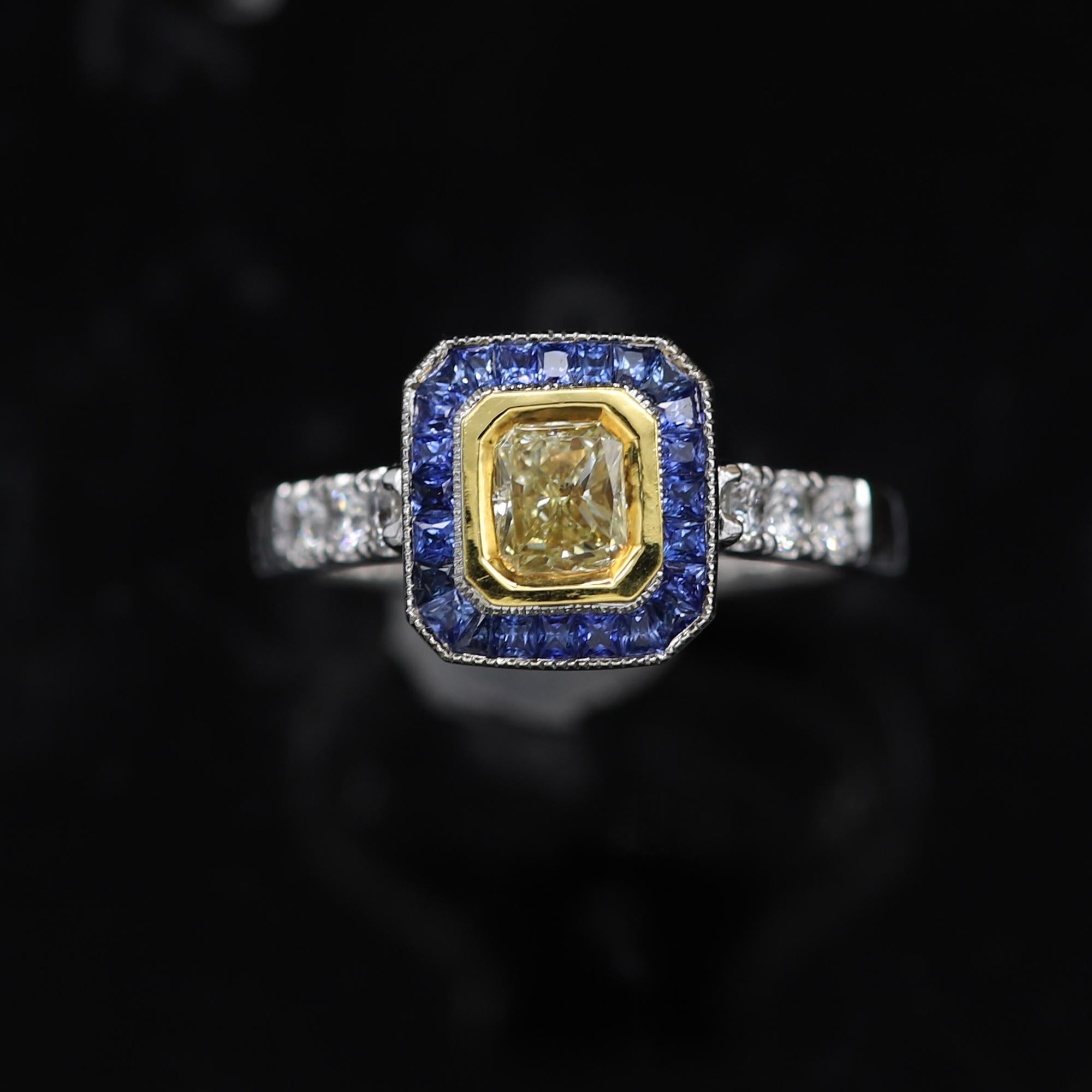 Art Deco Style Ring 18 Karat White Gold Blue Sapphire & Light Yellow Diamond For Sale 5