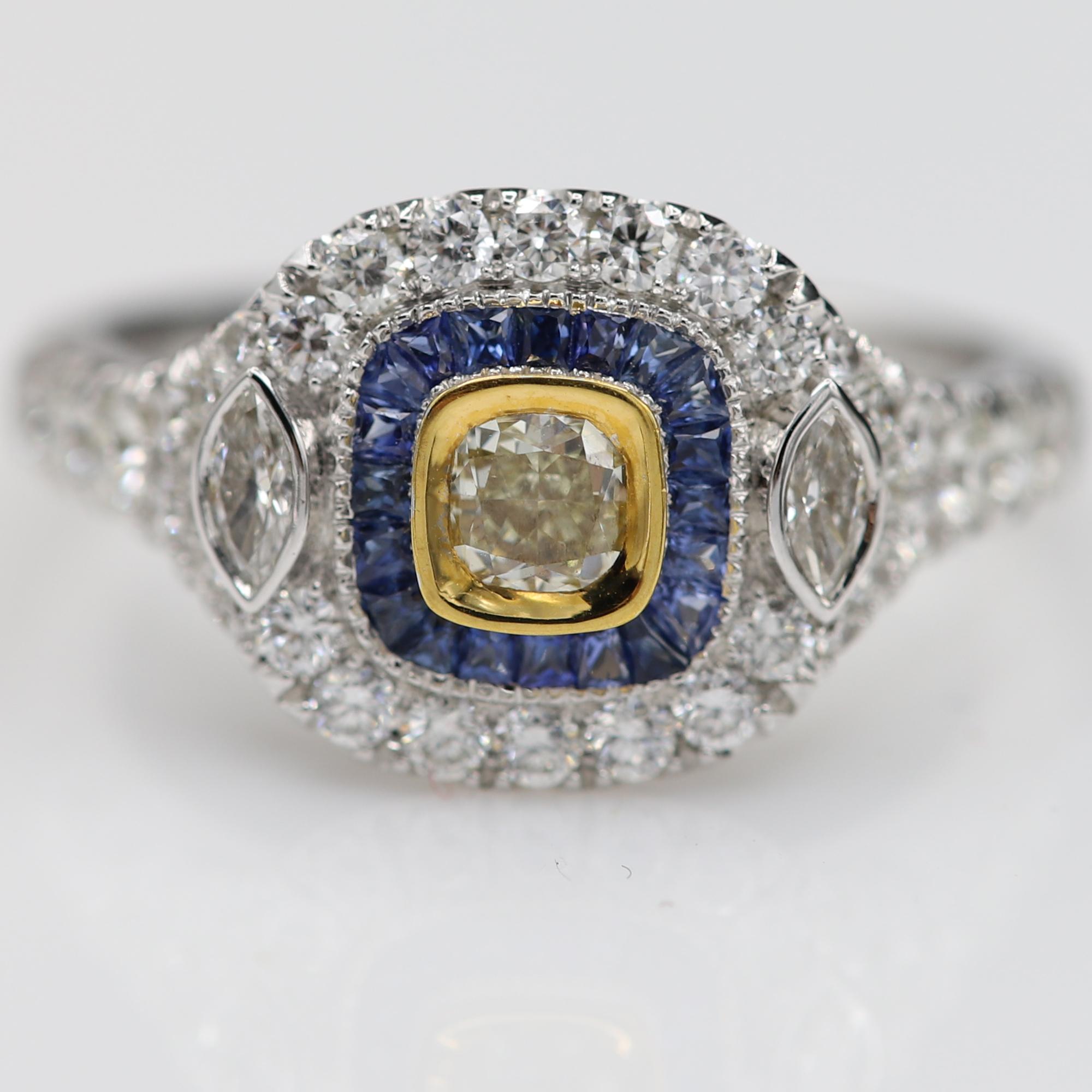 Art Deco Style Ring 18 Karat White Gold Blue Sapphire & Light Yellow Diamond For Sale 6