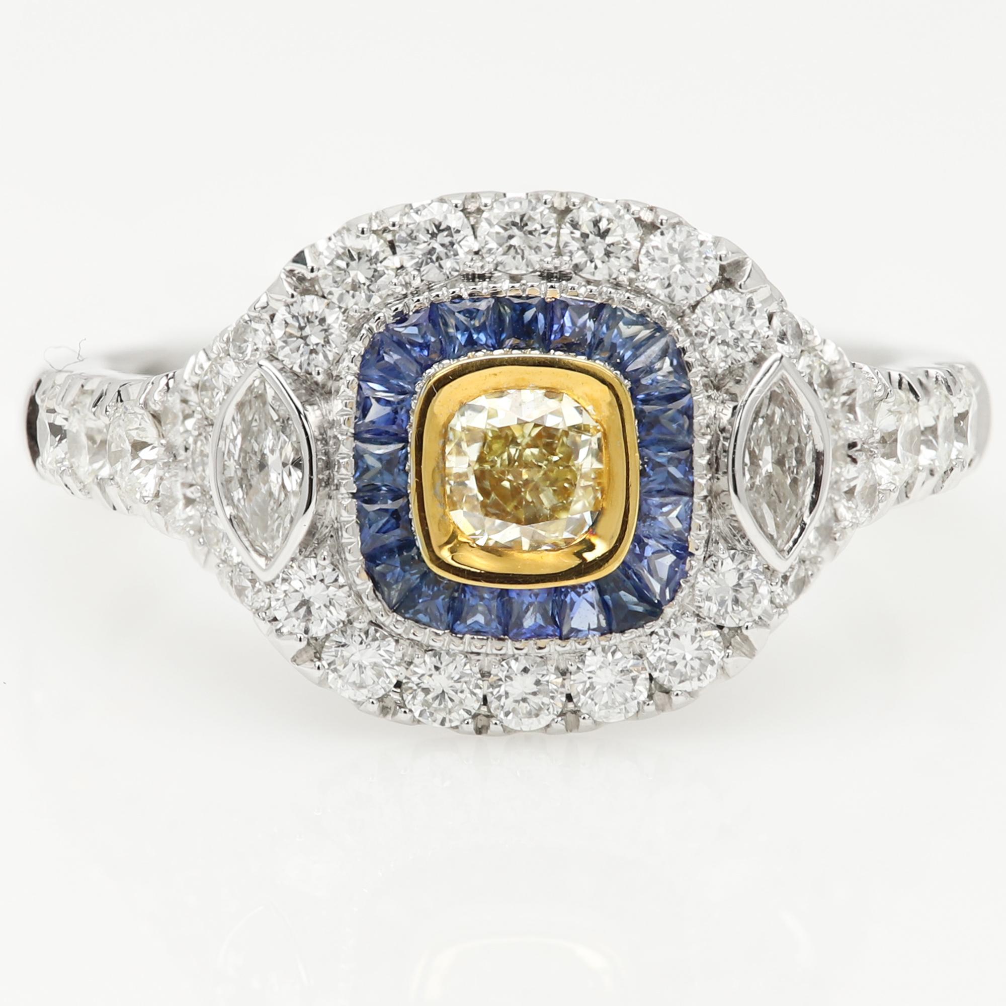 Anello in stile Art Déco in oro bianco 18 carati con zaffiro blu e diamante giallo chiaro in vendita 5