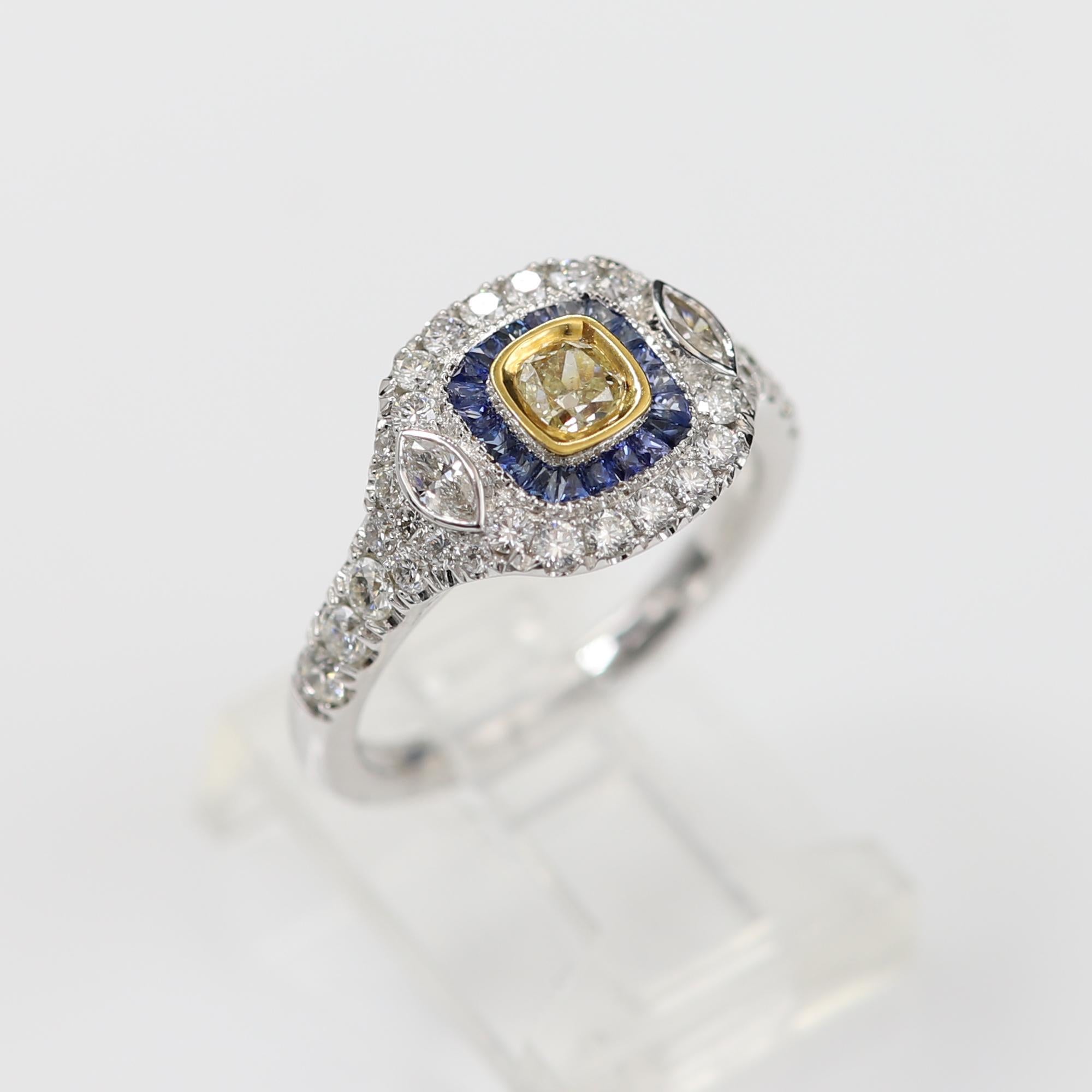 Art Deco Style Ring 18 Karat White Gold Blue Sapphire & Light Yellow Diamond For Sale 7